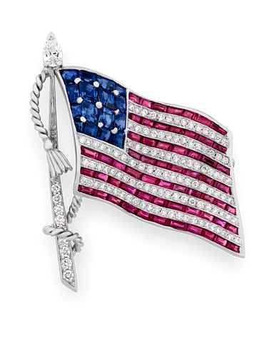 Oscar Heyman Ruby and Sapphire with Diamond American Flag Brooch