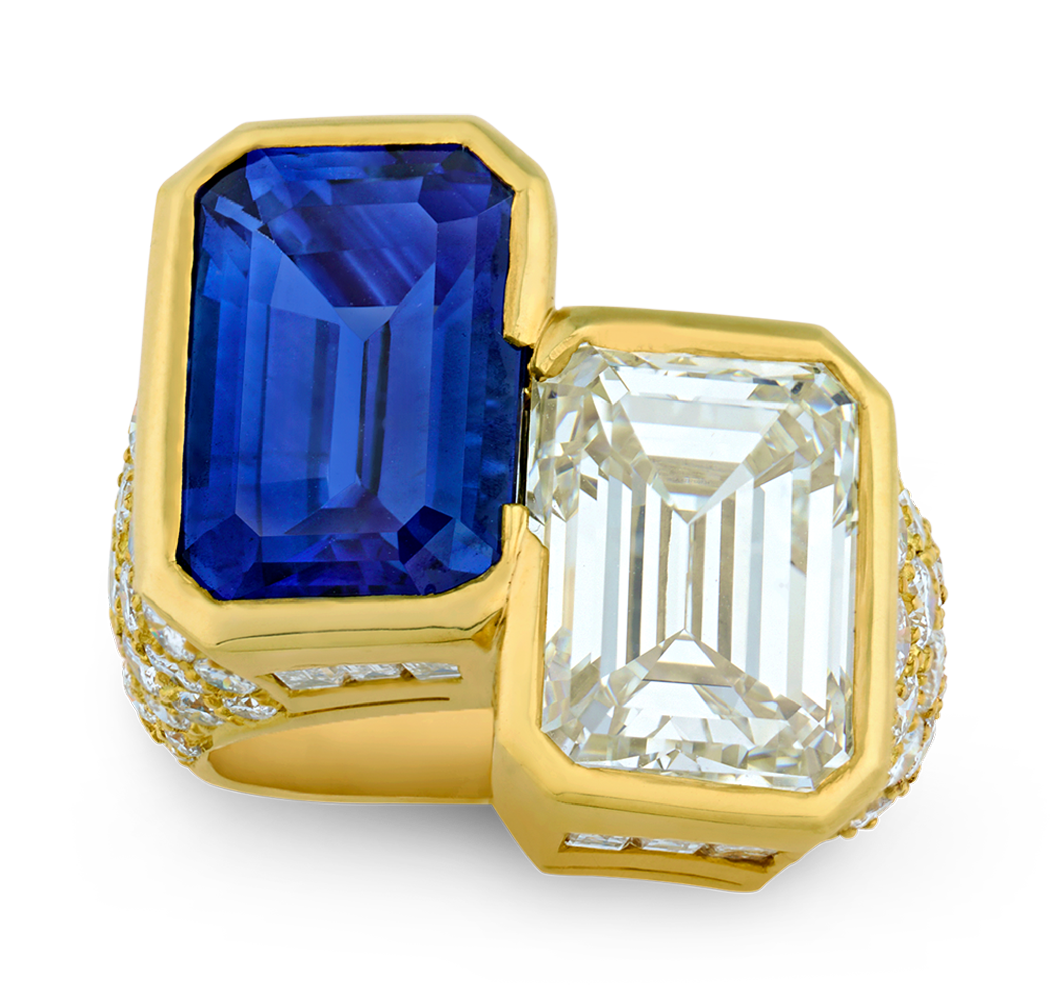 Cartier Monture Emerald Cut Diamond and Sapphire Ring | M.S. Rau