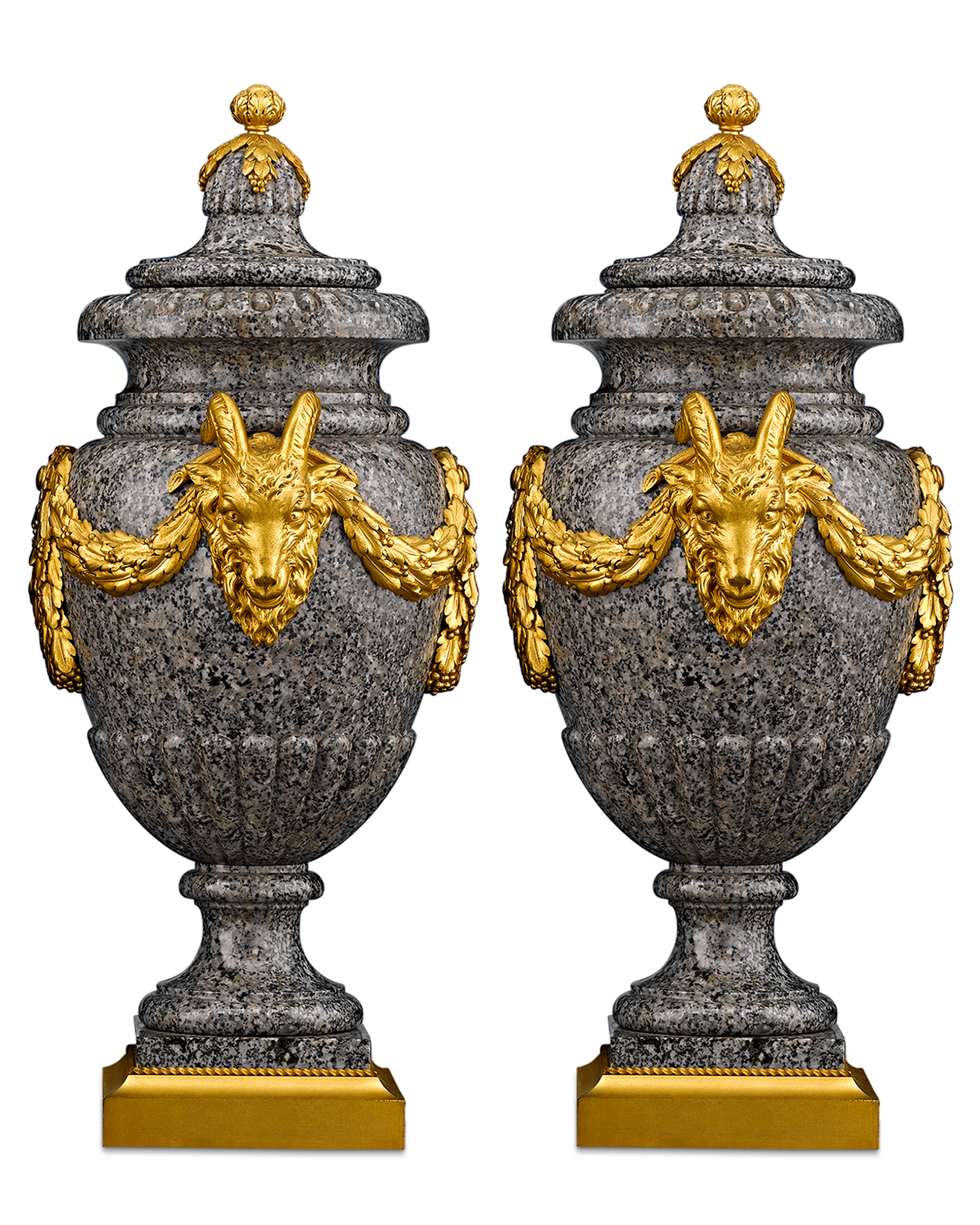 Henry Dasson Egyptian Granite and Bronze Urns