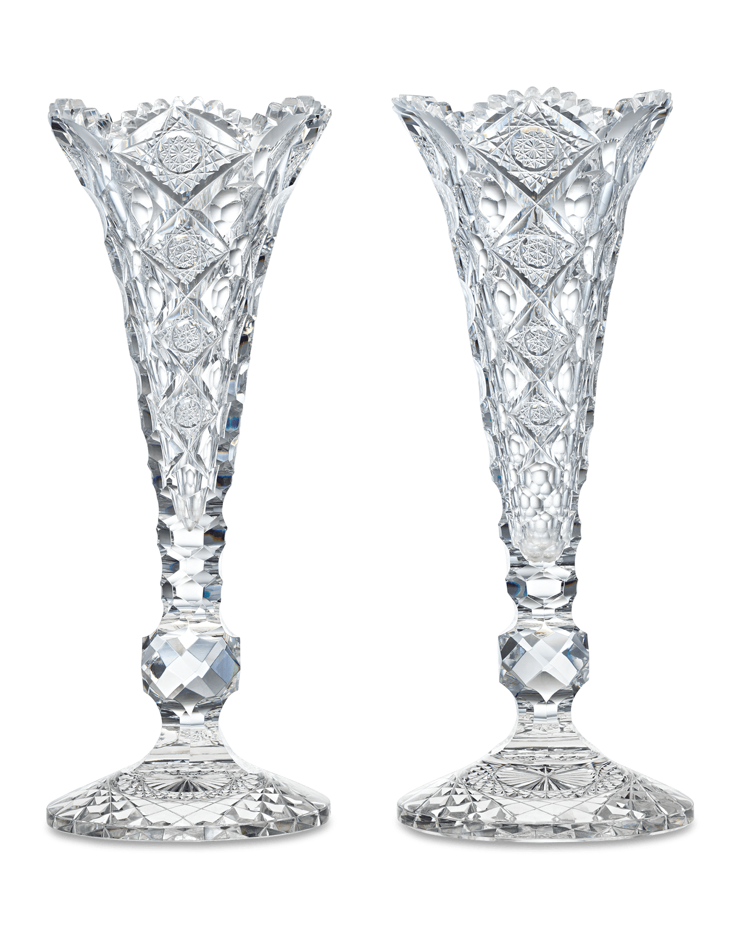 Pair of Queens Pattern Trumpet Vases by Hawkes