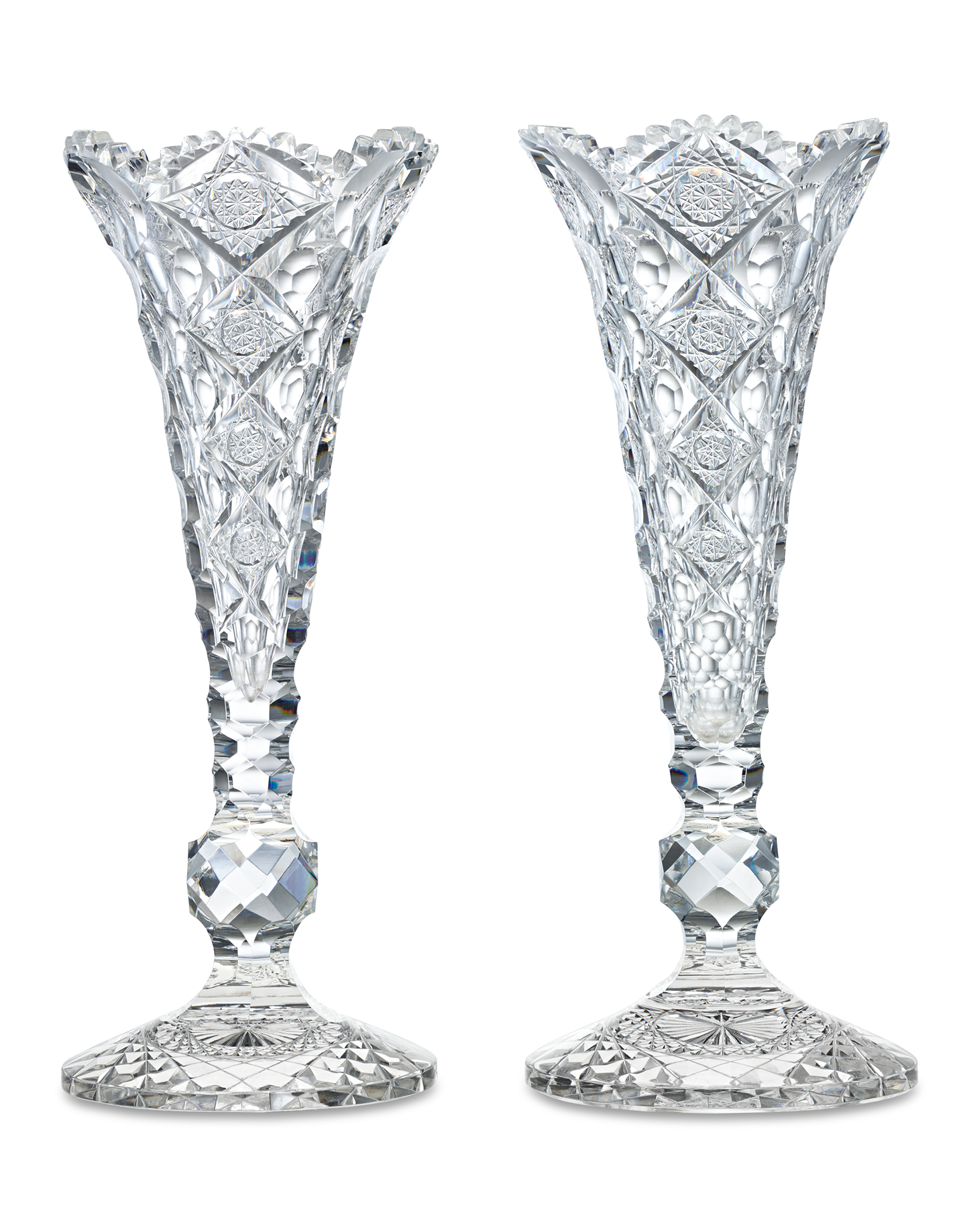 Pair of Queens Pattern Trumpet Vases by Hawkes