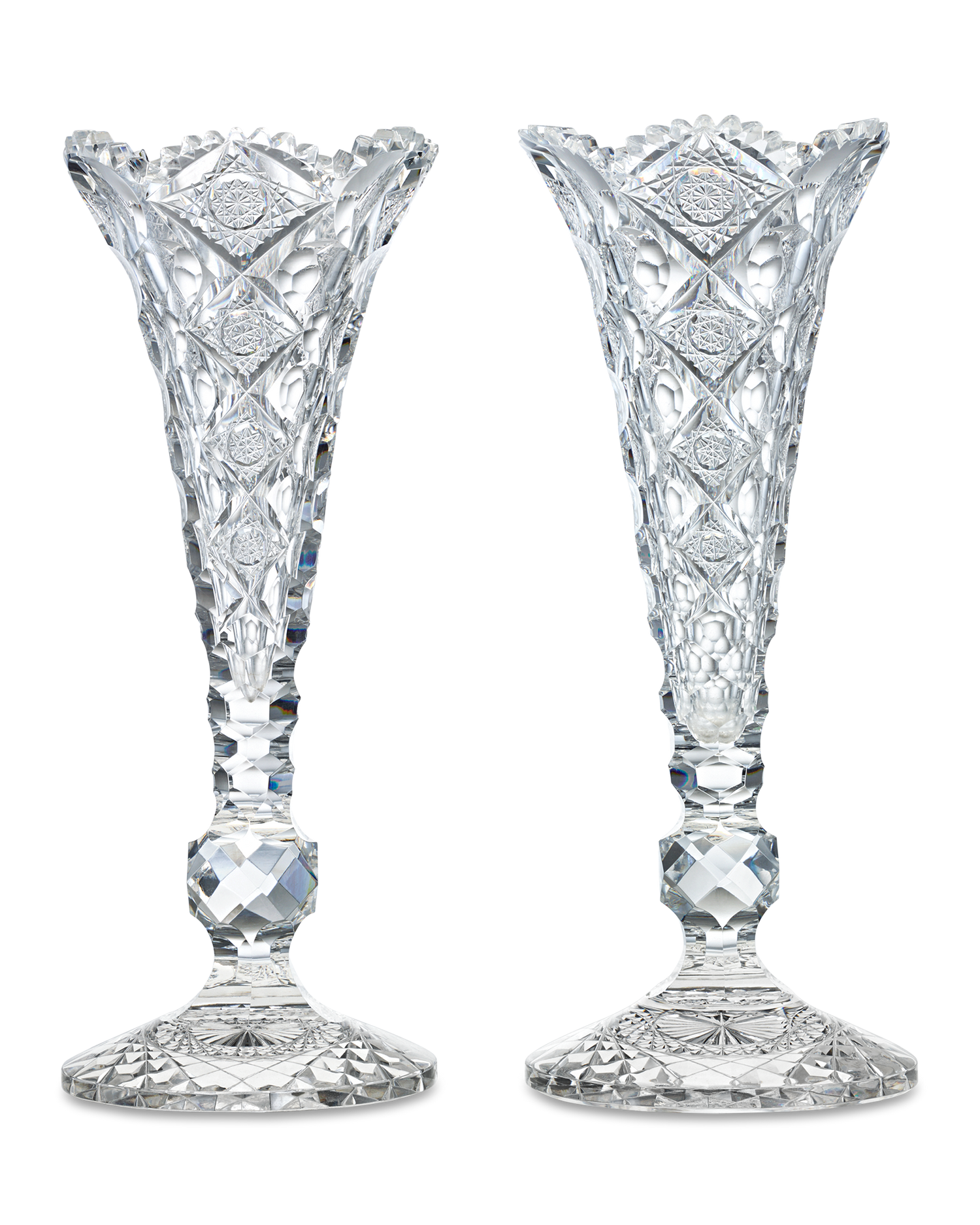 Pair of Queens Pattern Trumpet Vases by Hawkes