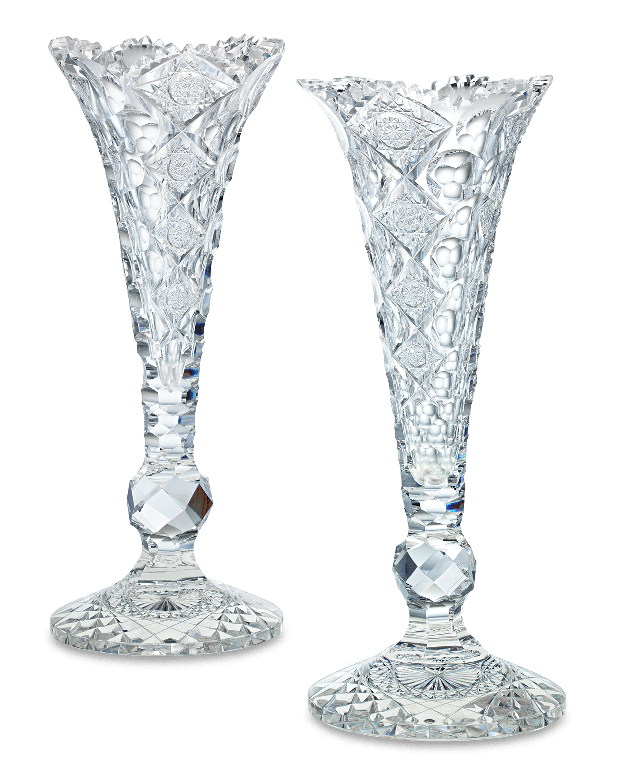 Pair of Queens Pattern Trumpet Vases by Hawkes