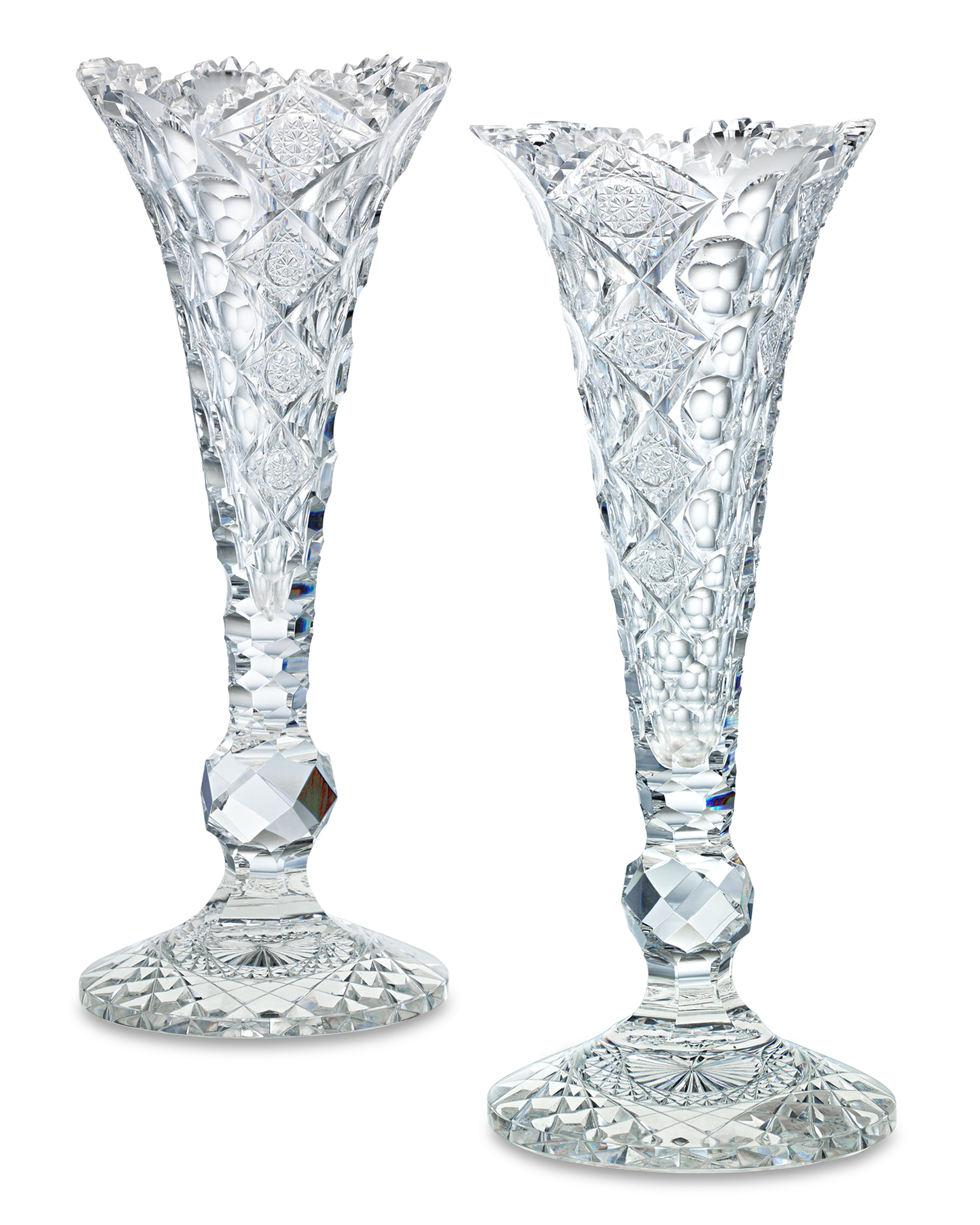 Pair of Queens Pattern Trumpet Vases by Hawkes