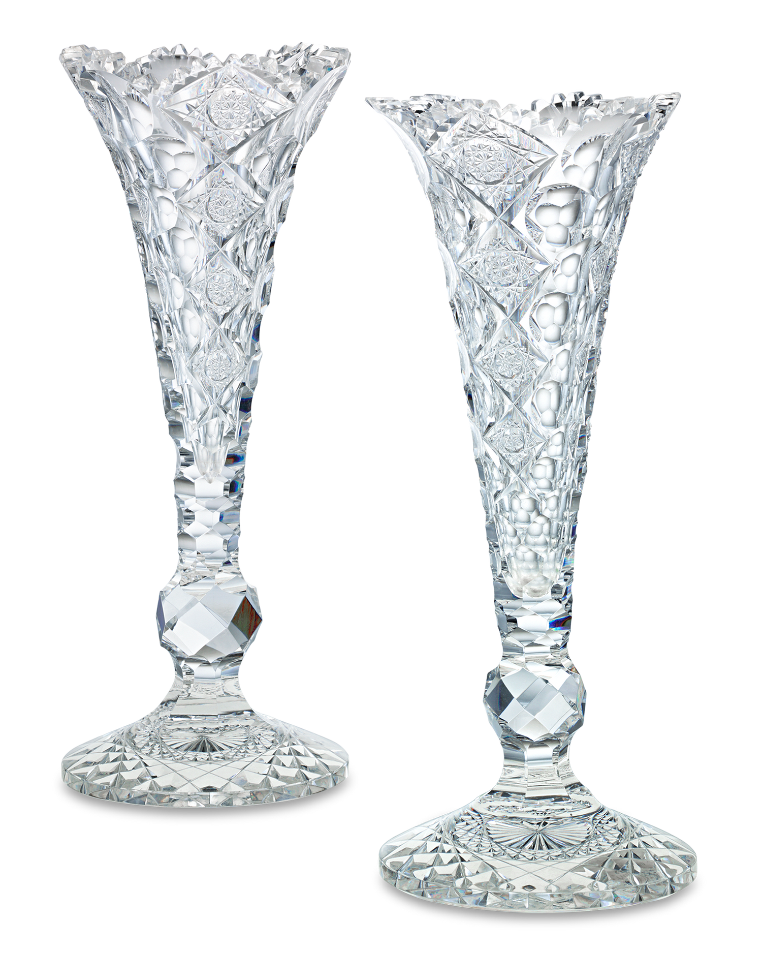 Pair of Queens Pattern Trumpet Vases by Hawkes