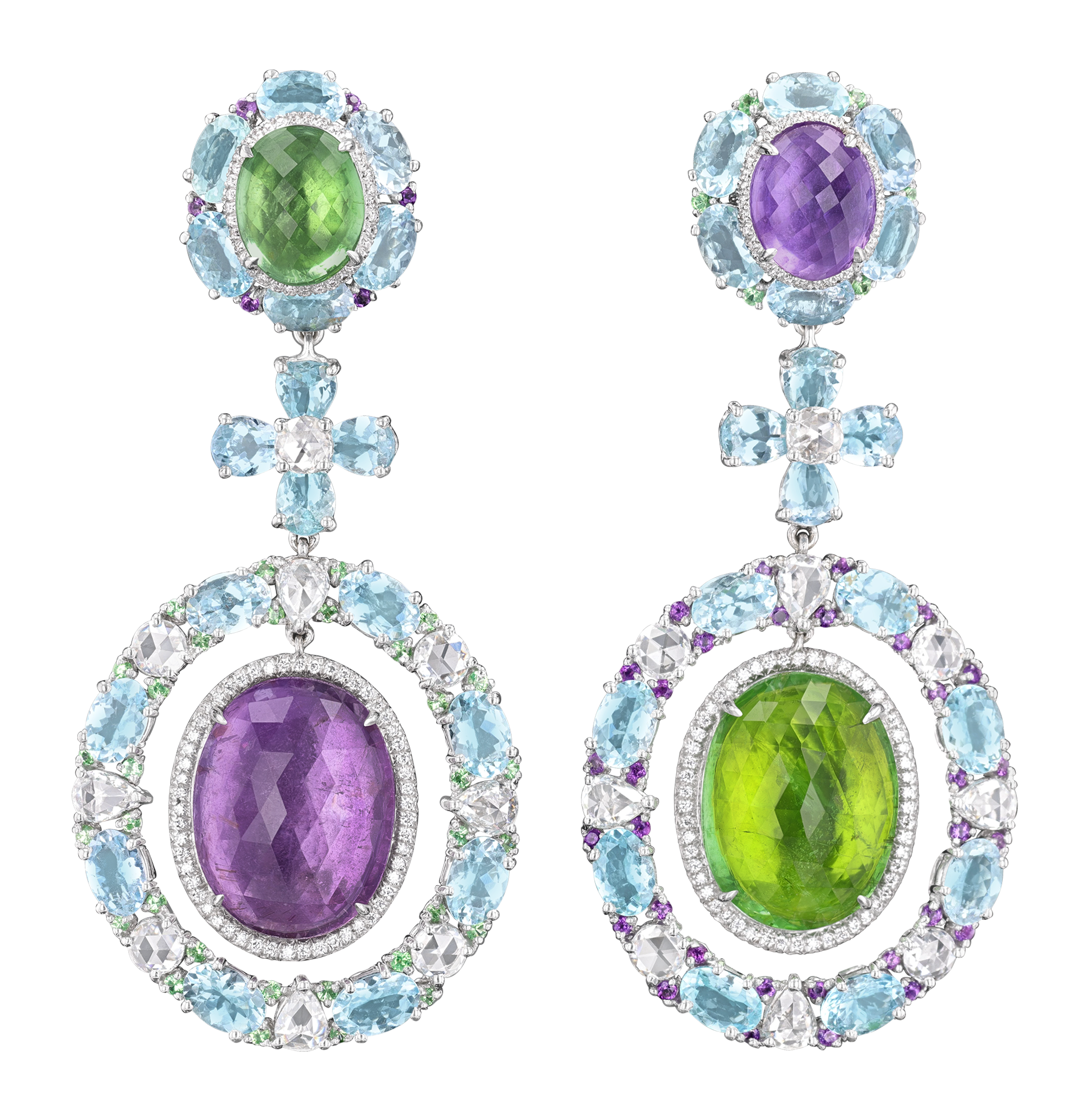 Tourmaline, Aquamarine, Amethyst and Tsavorite Garnet Earrings