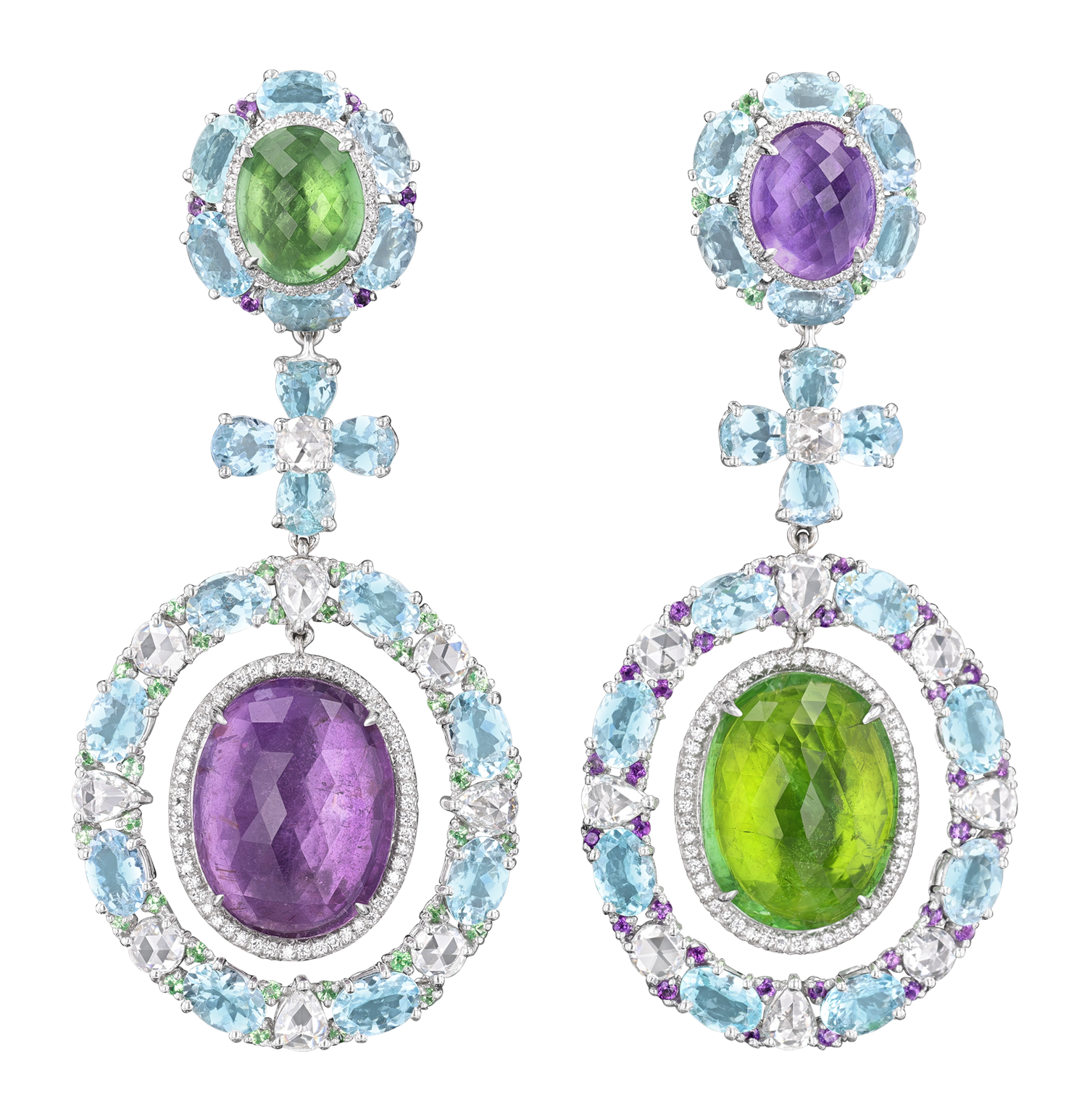 Tourmaline, Aquamarine, Amethyst and Tsavorite Garnet Earrings