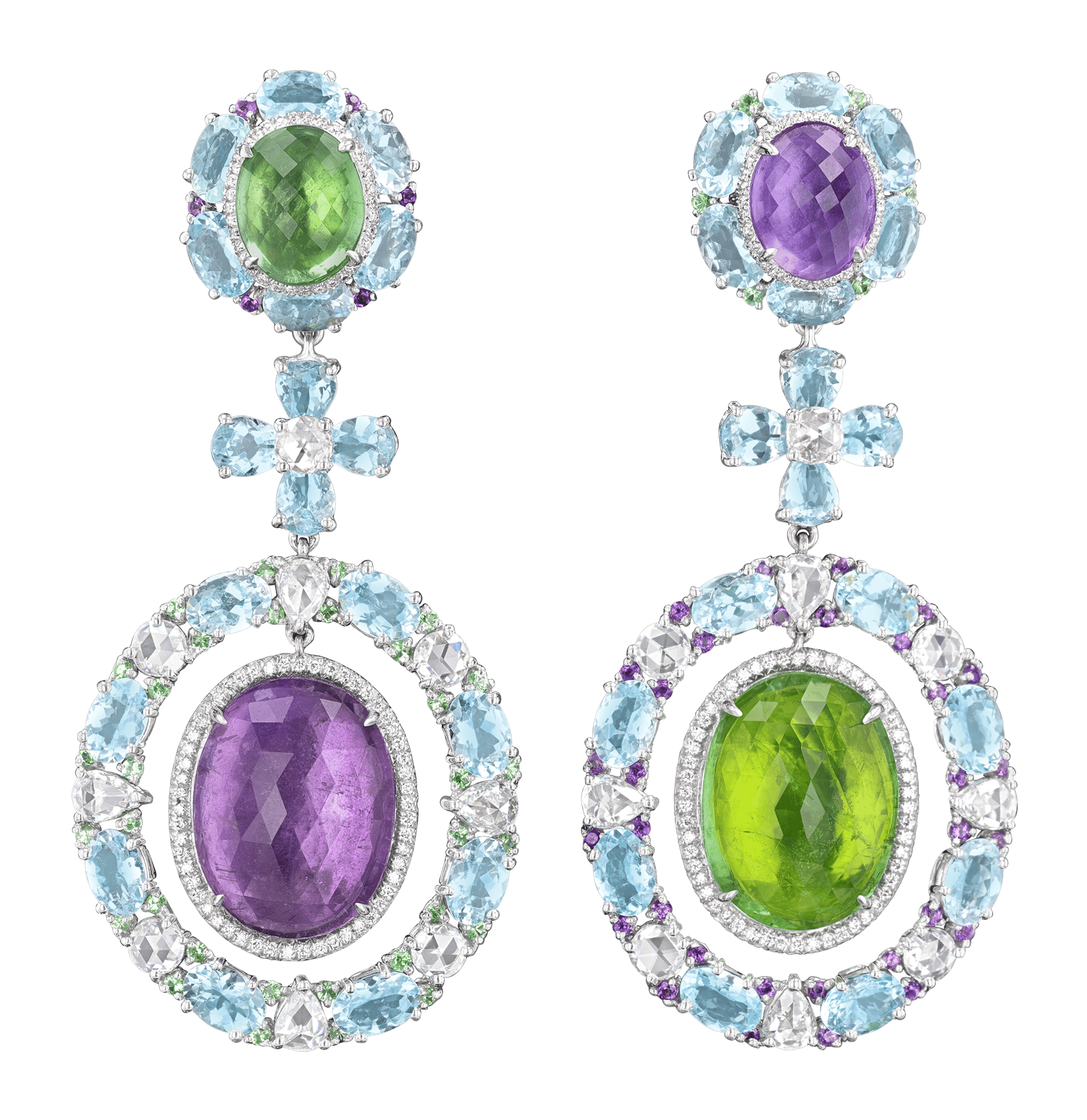 Tourmaline, Aquamarine, Amethyst and Tsavorite Garnet Earrings