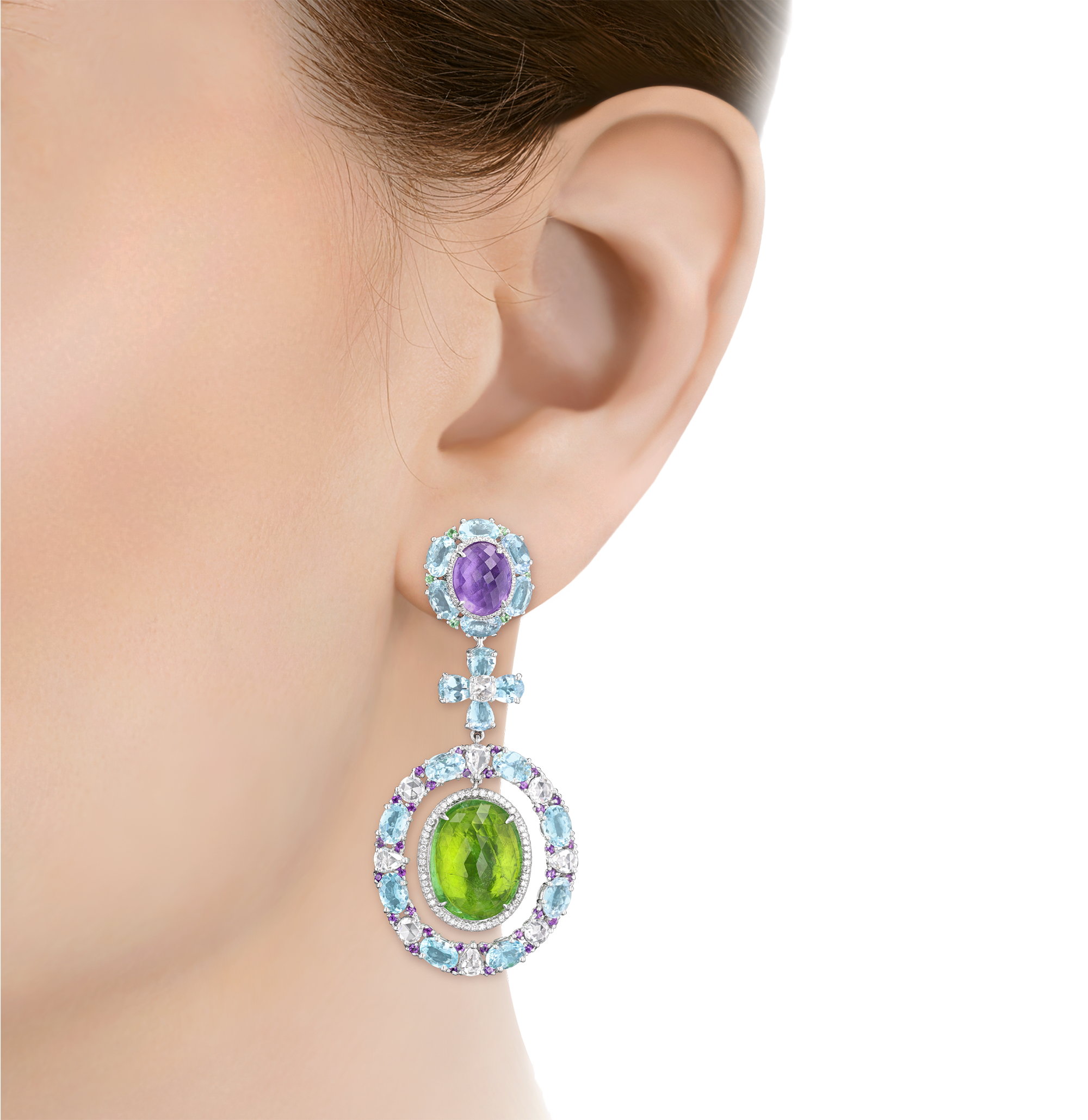 Tourmaline, Aquamarine, Amethyst and Tsavorite Garnet Earrings