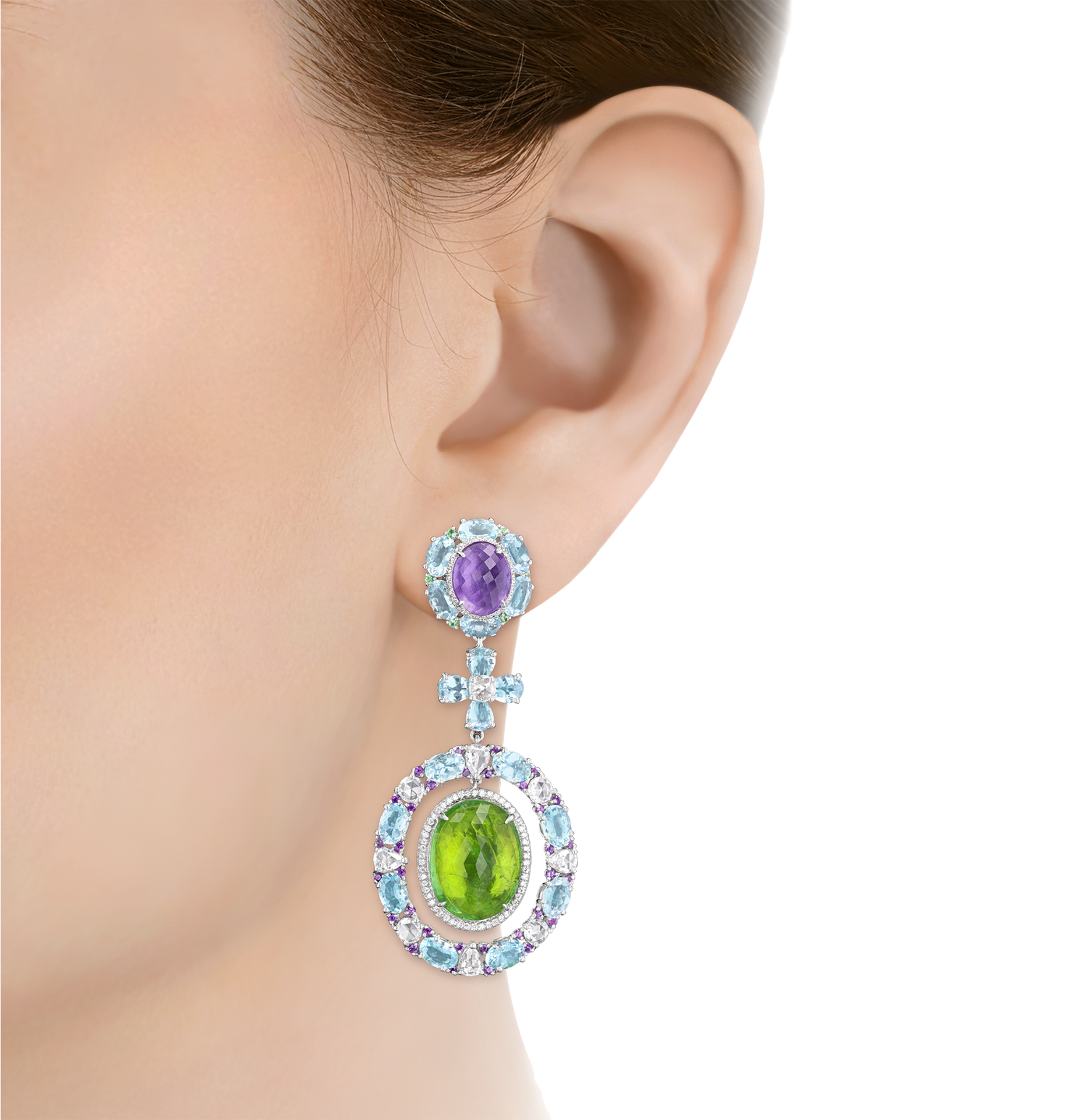 Tourmaline, Aquamarine, Amethyst and Tsavorite Garnet Earrings