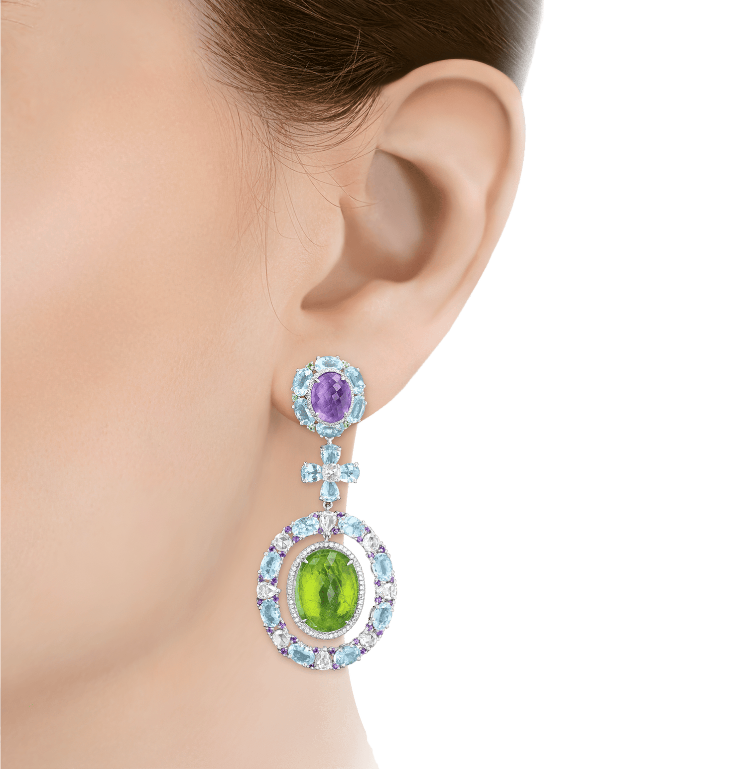 Tourmaline, Aquamarine, Amethyst and Tsavorite Garnet Earrings
