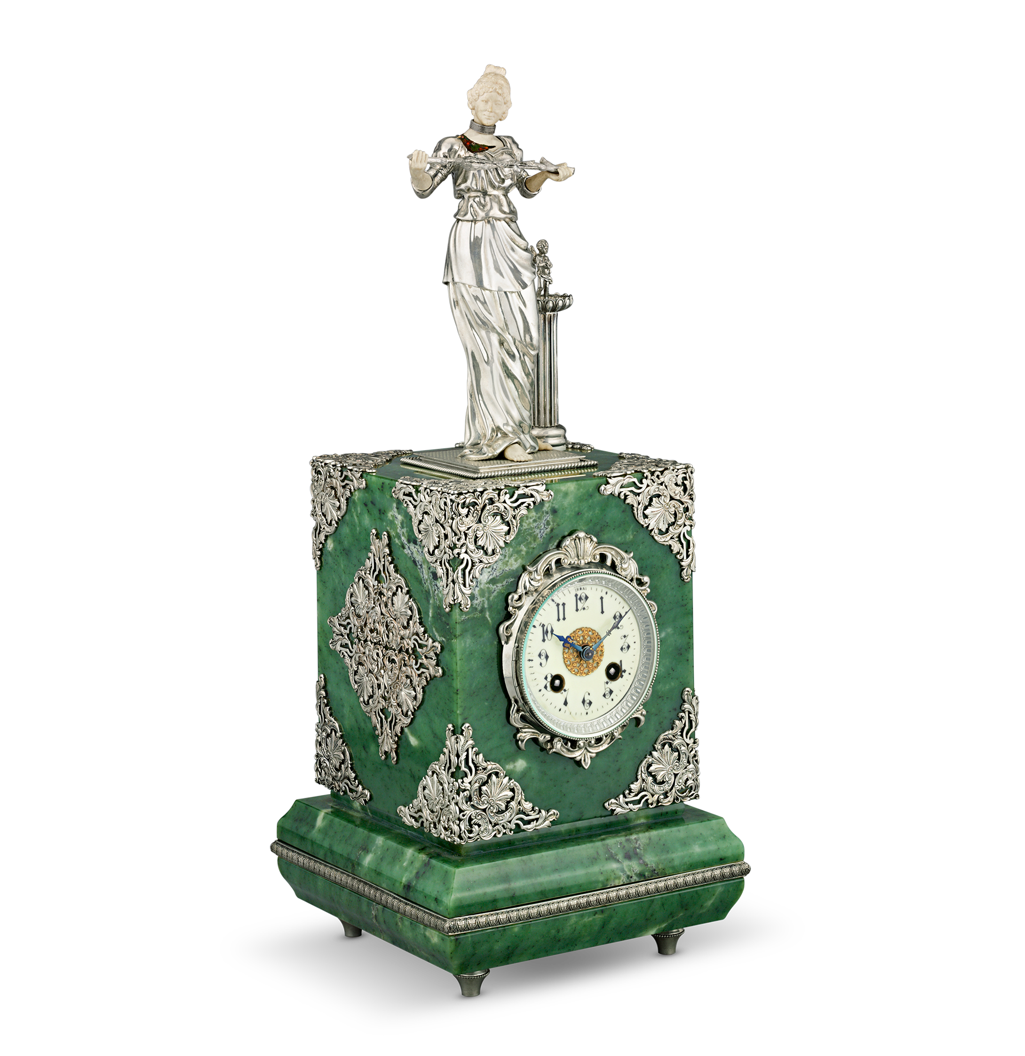 Jade and Silver Singing Bird Box Mantel Clock