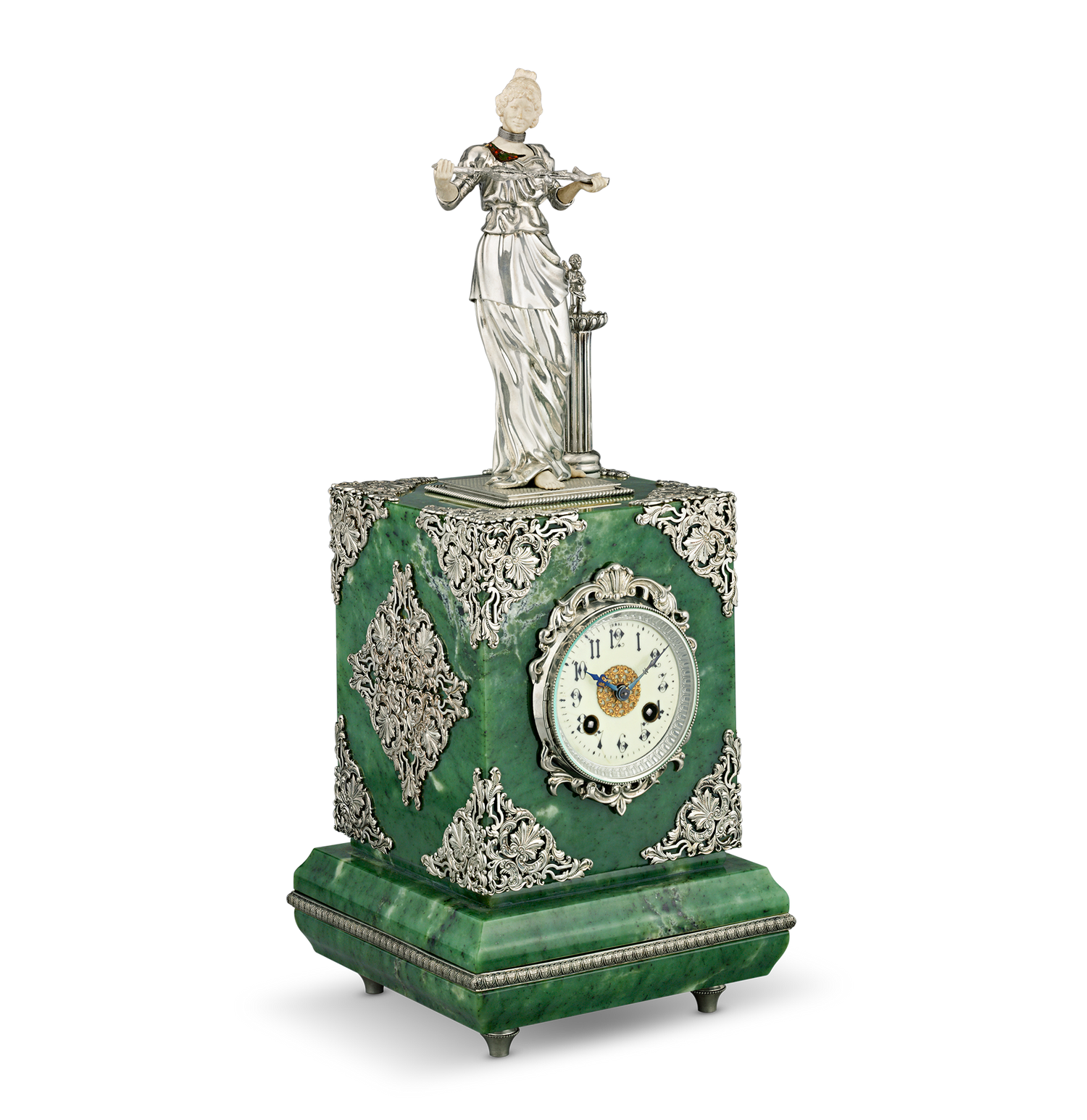 Jade and Silver Singing Bird Box Mantel Clock