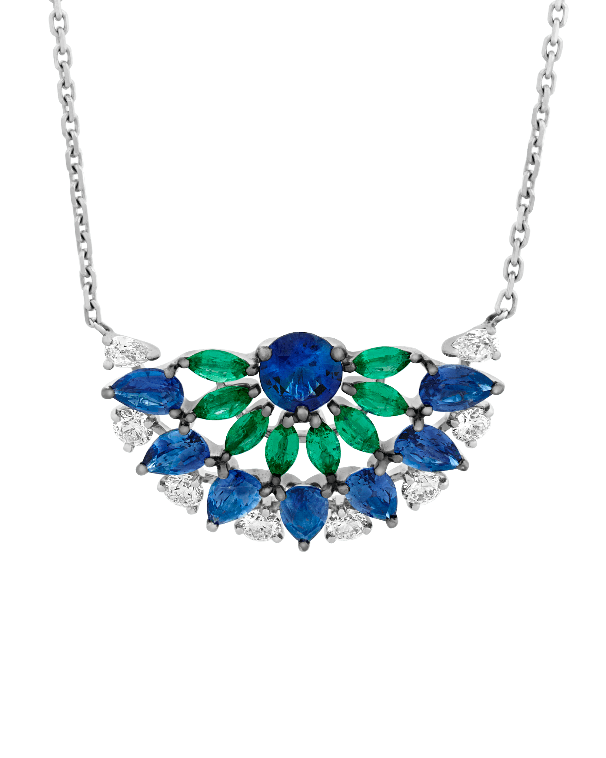 Sapphire, Diamond and Emerald Peacock Pendant