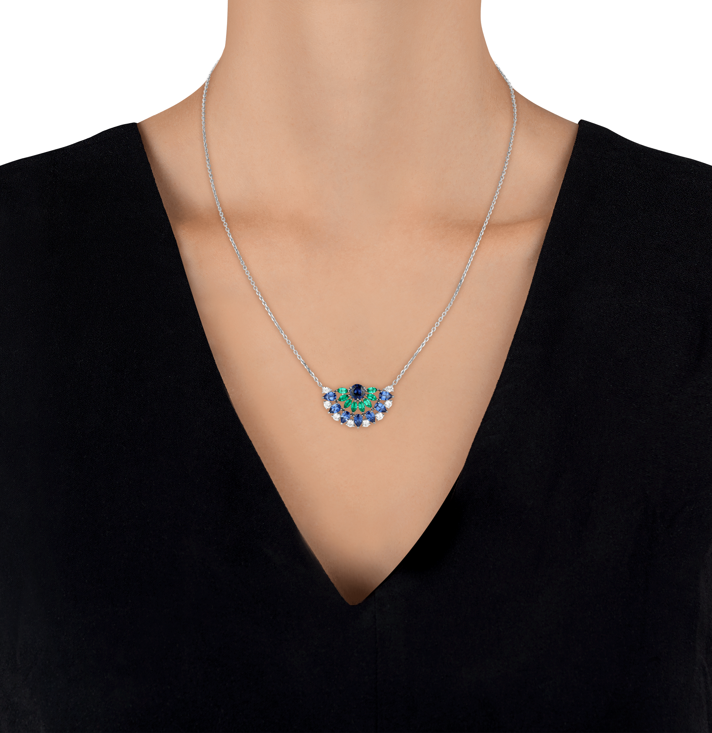 Sapphire, Diamond and Emerald Peacock Pendant