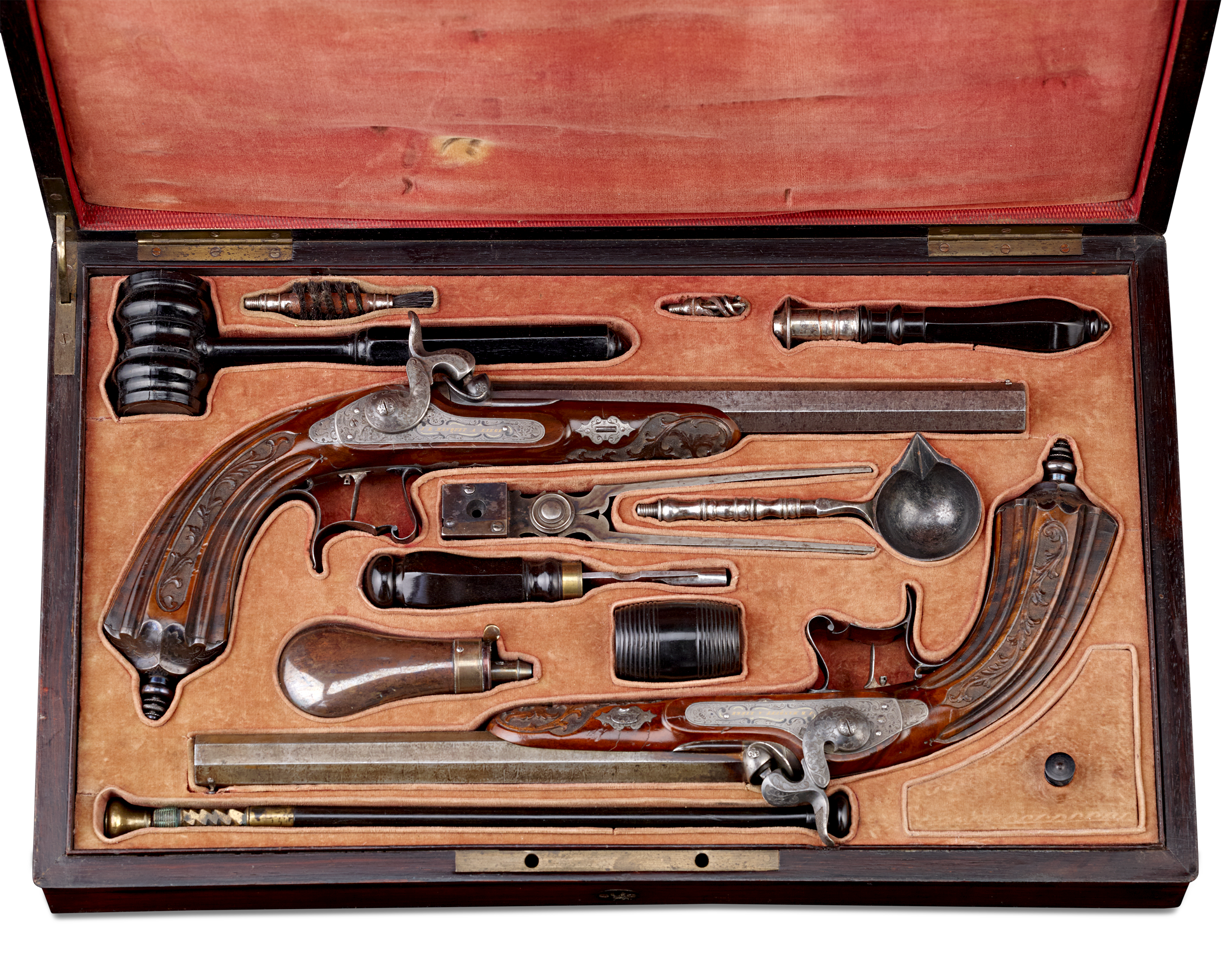 Pair of Gold and Silver-Inlaid Percussion Pistols by J.B. Hanquet of Liege