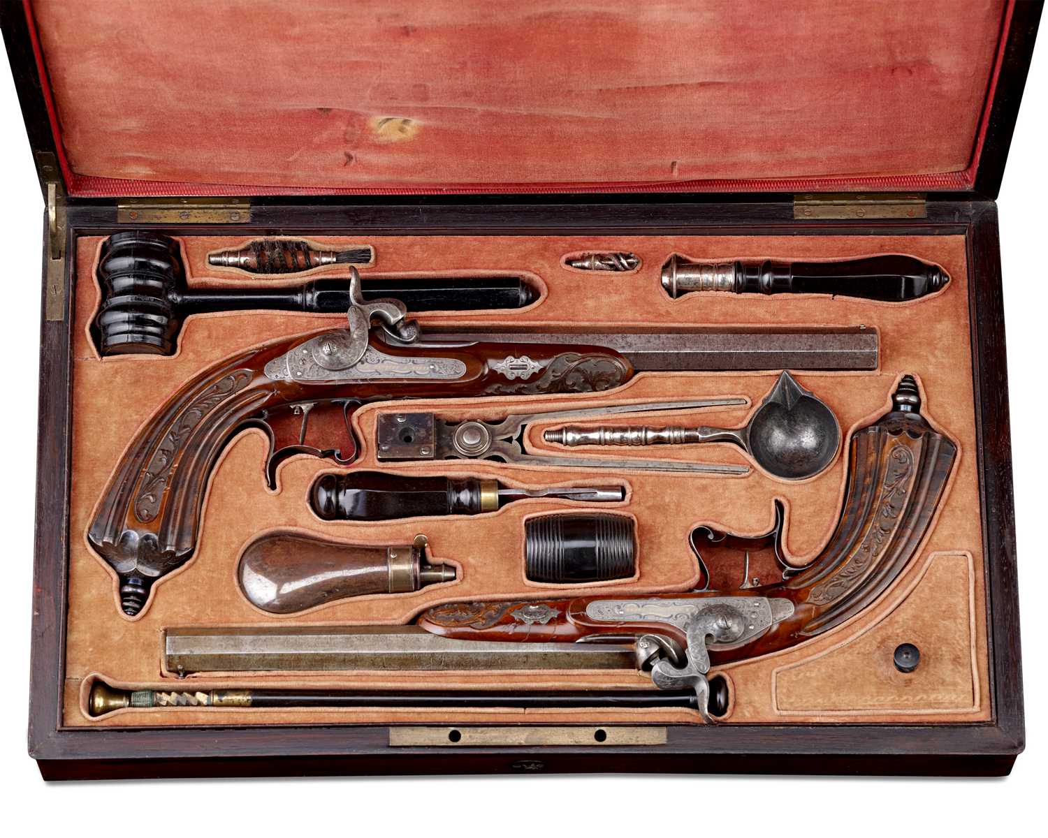 Pair of Gold and Silver-Inlaid Percussion Pistols by J.B. Hanquet of Liege