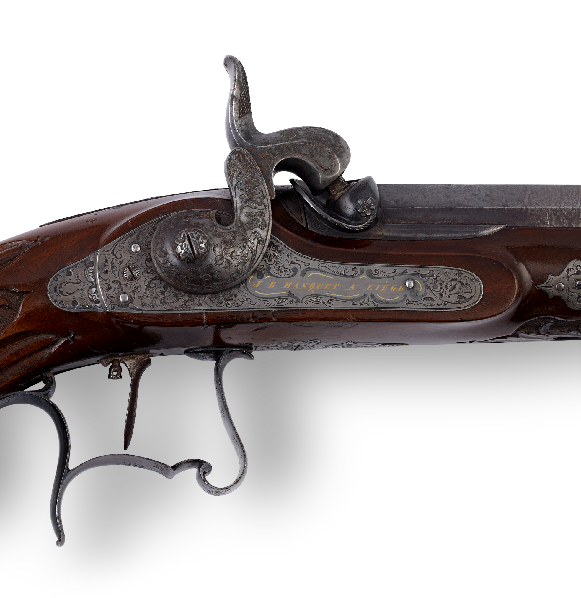 Pair of Gold and Silver-Inlaid Percussion Pistols by J.B. Hanquet of Liege