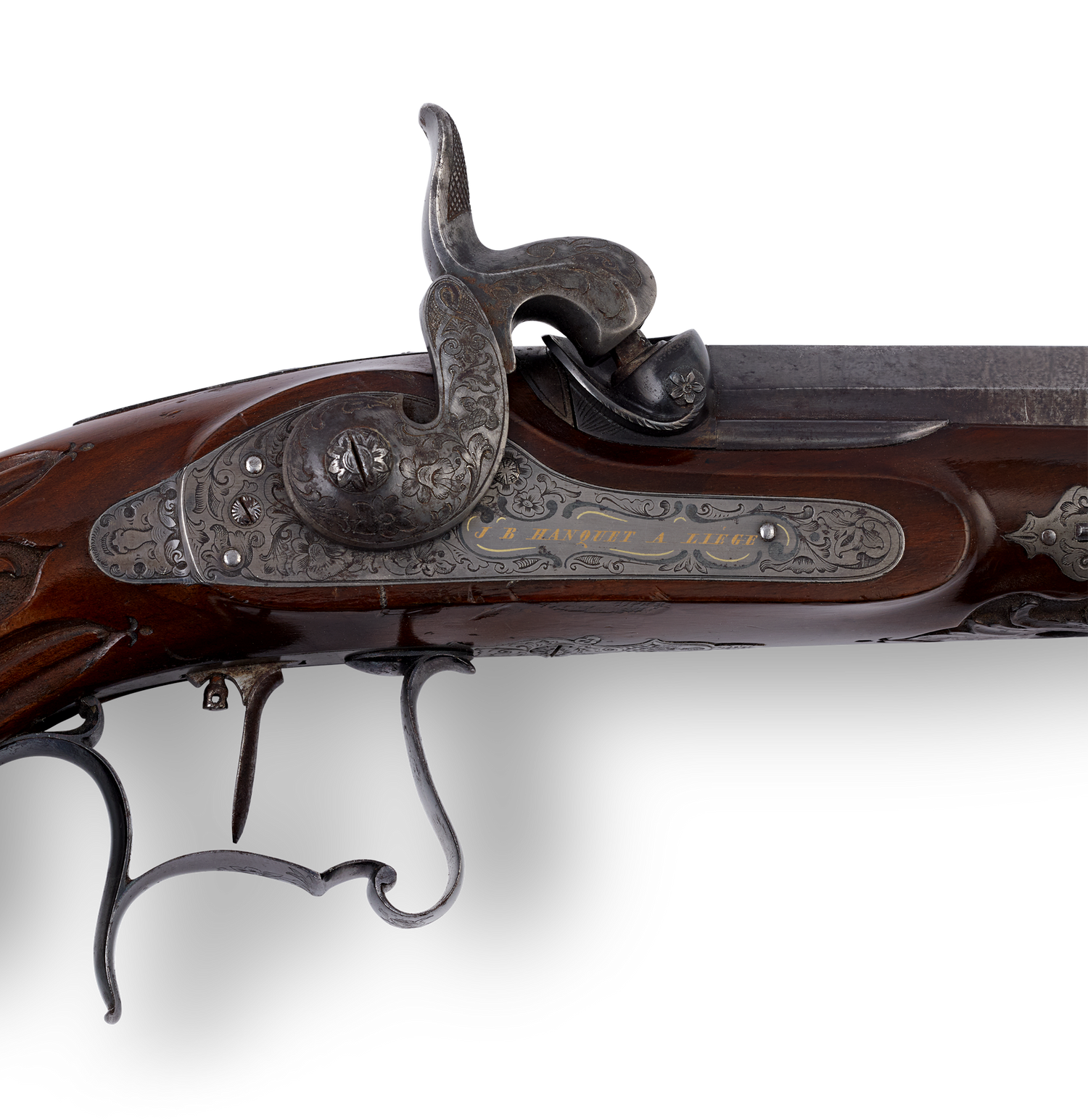 Pair of Gold and Silver-Inlaid Percussion Pistols by J.B. Hanquet of Liege