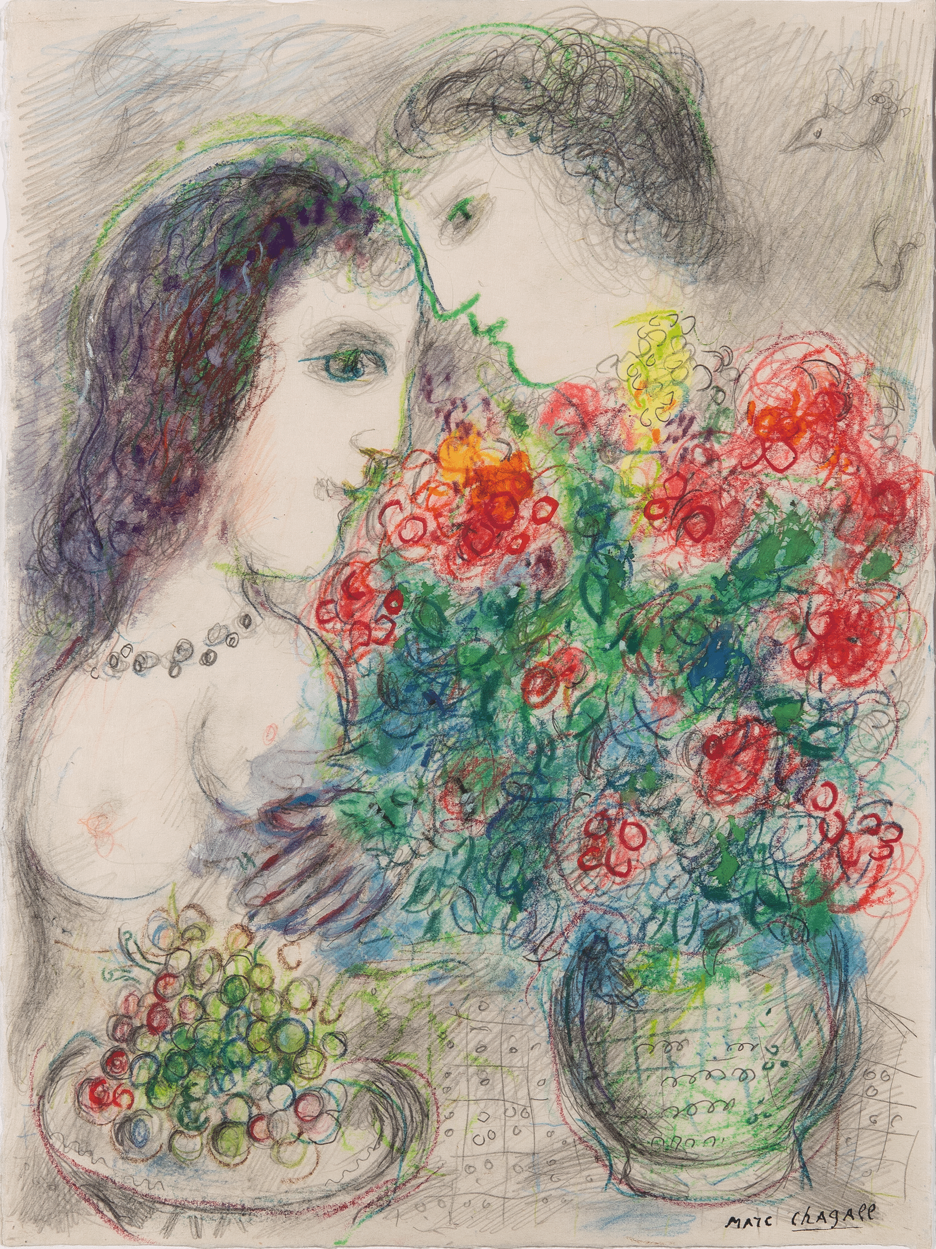 Couple aux fleurs et raisins by Marc Chagall