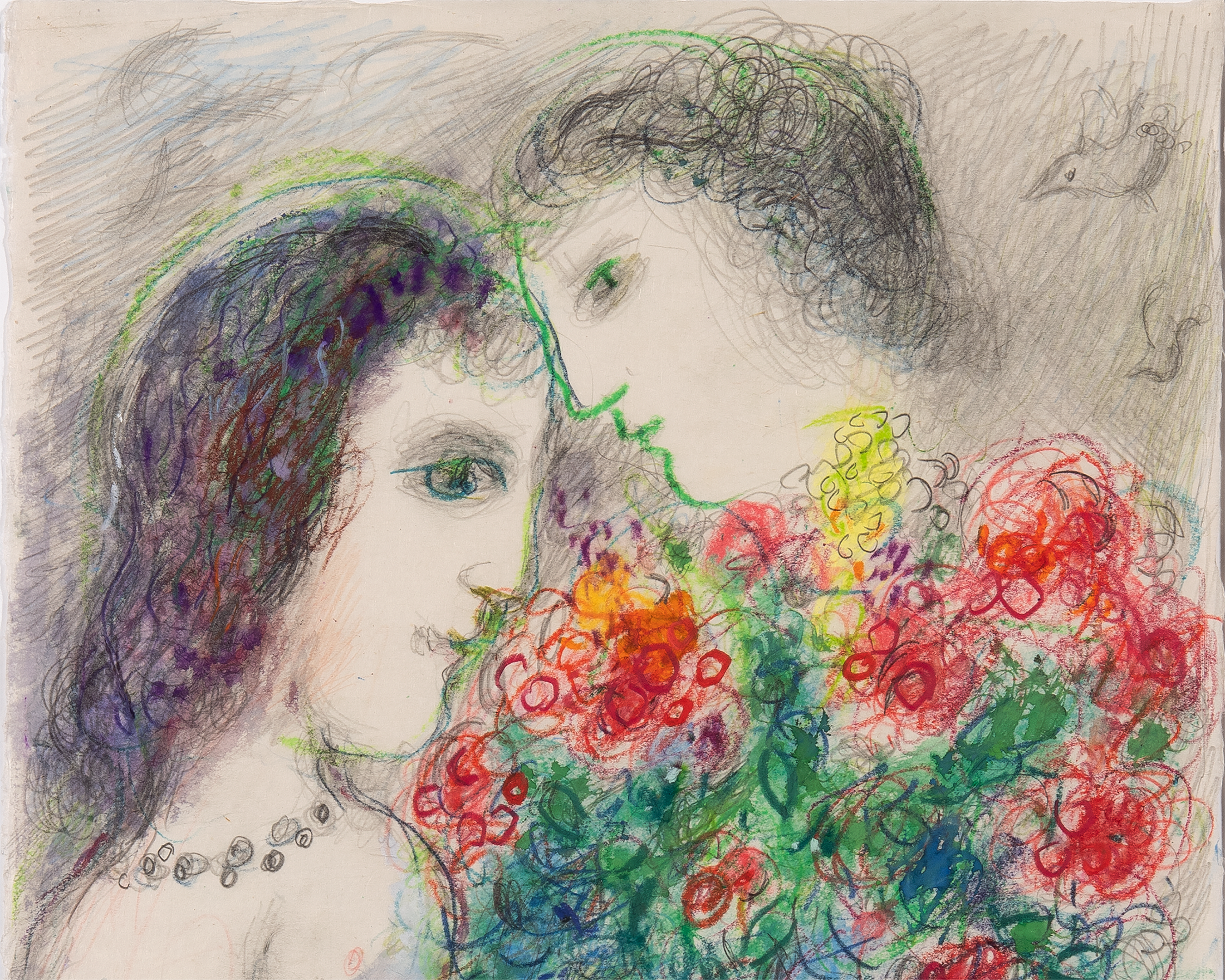 Couple aux fleurs et raisins by Marc Chagall