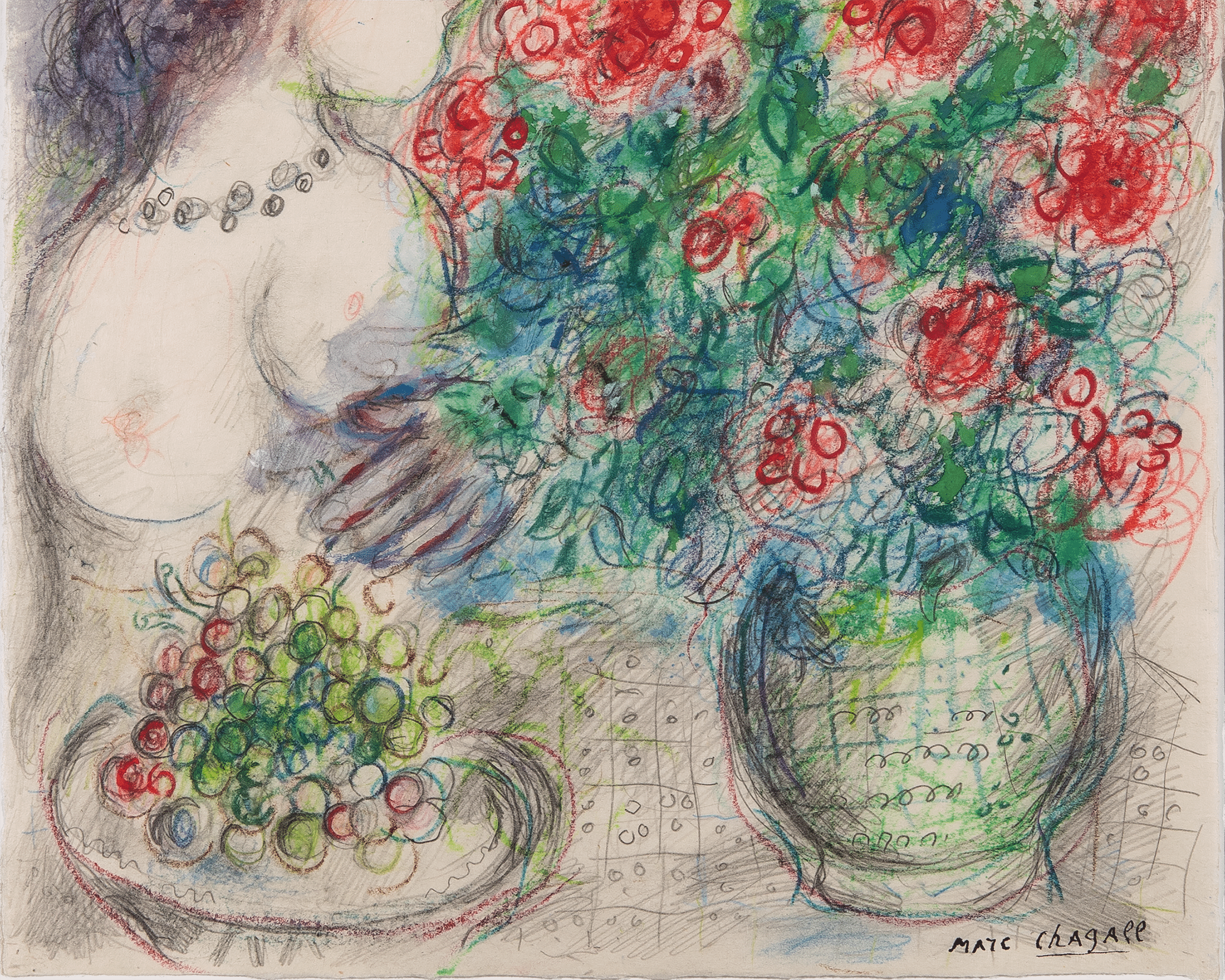 Couple aux fleurs et raisins by Marc Chagall