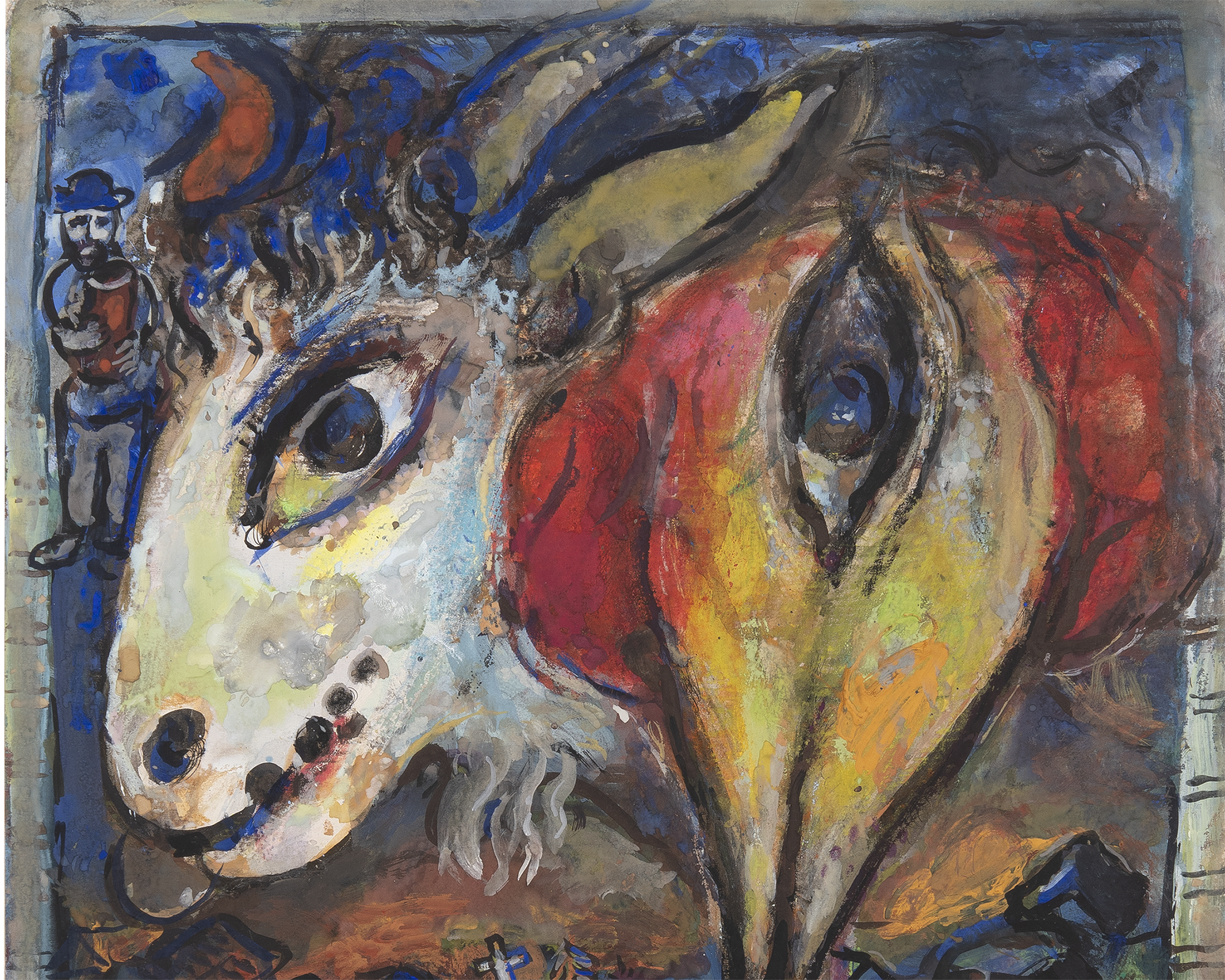 La fuite: coq et bouc au dessus du village by Marc Chagall