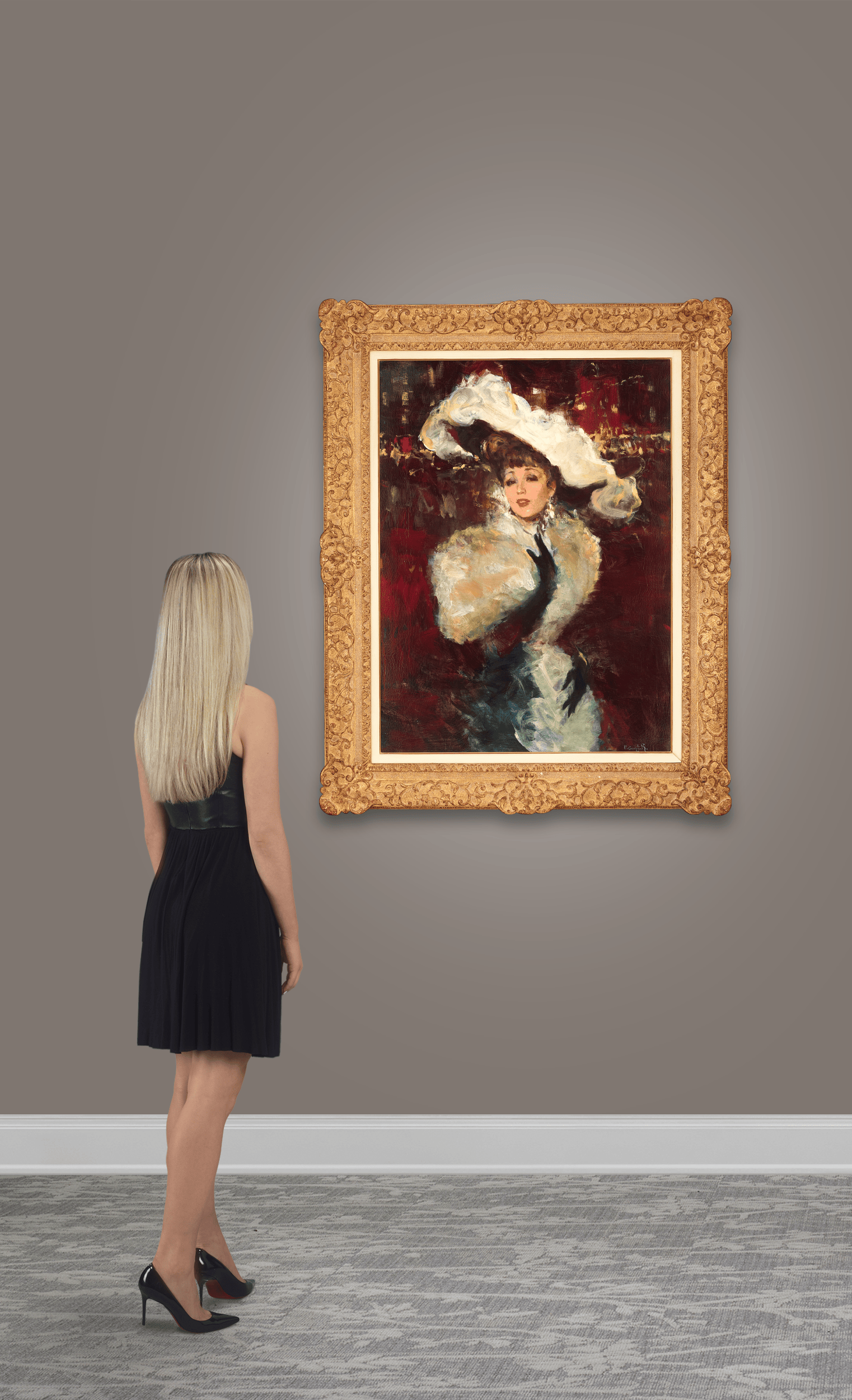Elegant Lady with Hat with Feathers by Victor Guerrier