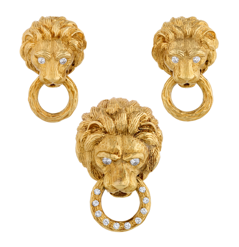 Van Cleef & Arpels Lion Earrings and Brooch Set, 2.10 carats