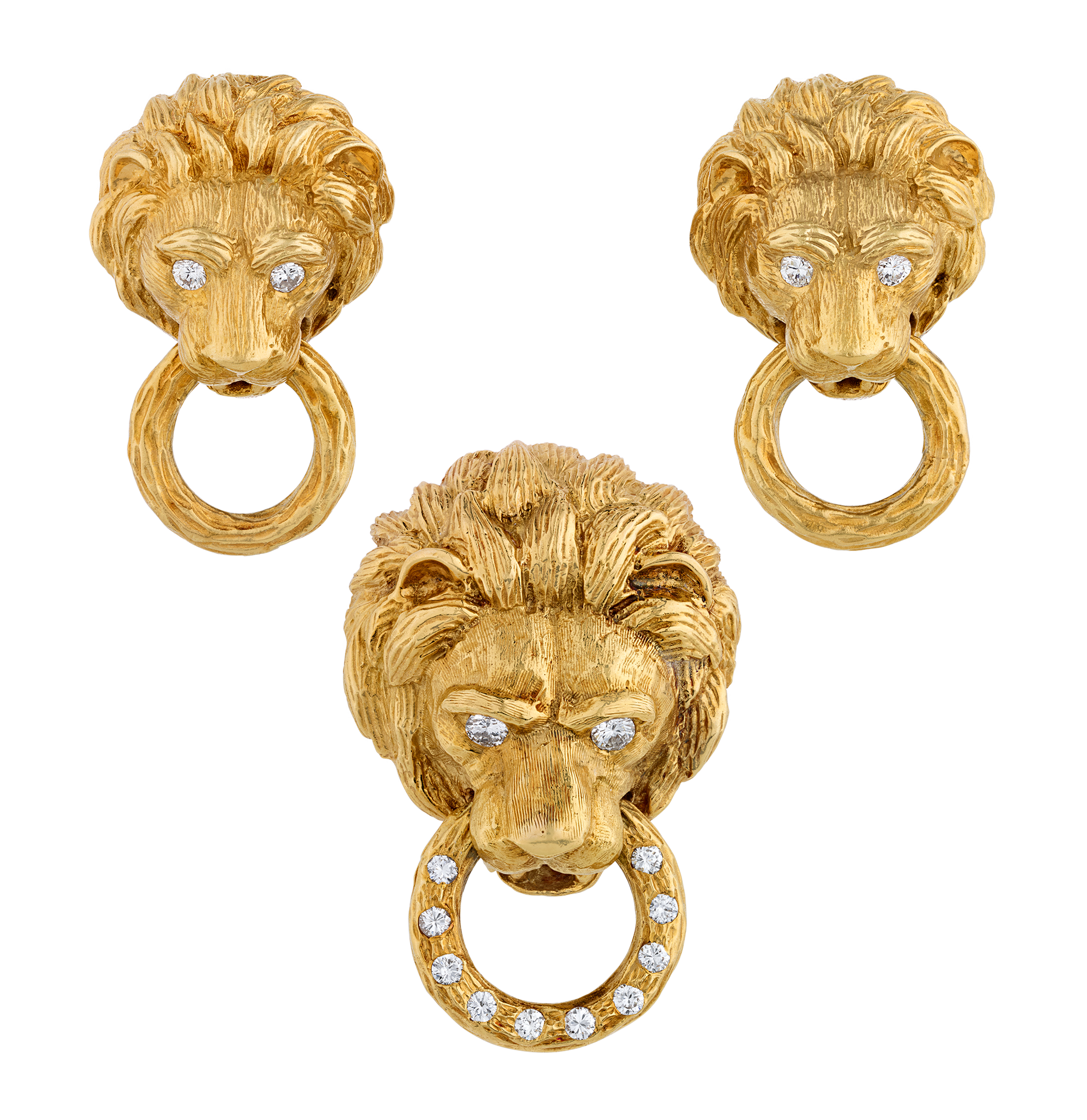 Van Cleef & Arpels Lion Earrings and Brooch Set, 2.10 carats