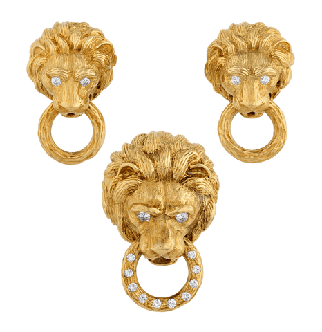 Van Cleef & Arpels Lion Earrings and Brooch Set, 2.10 carats