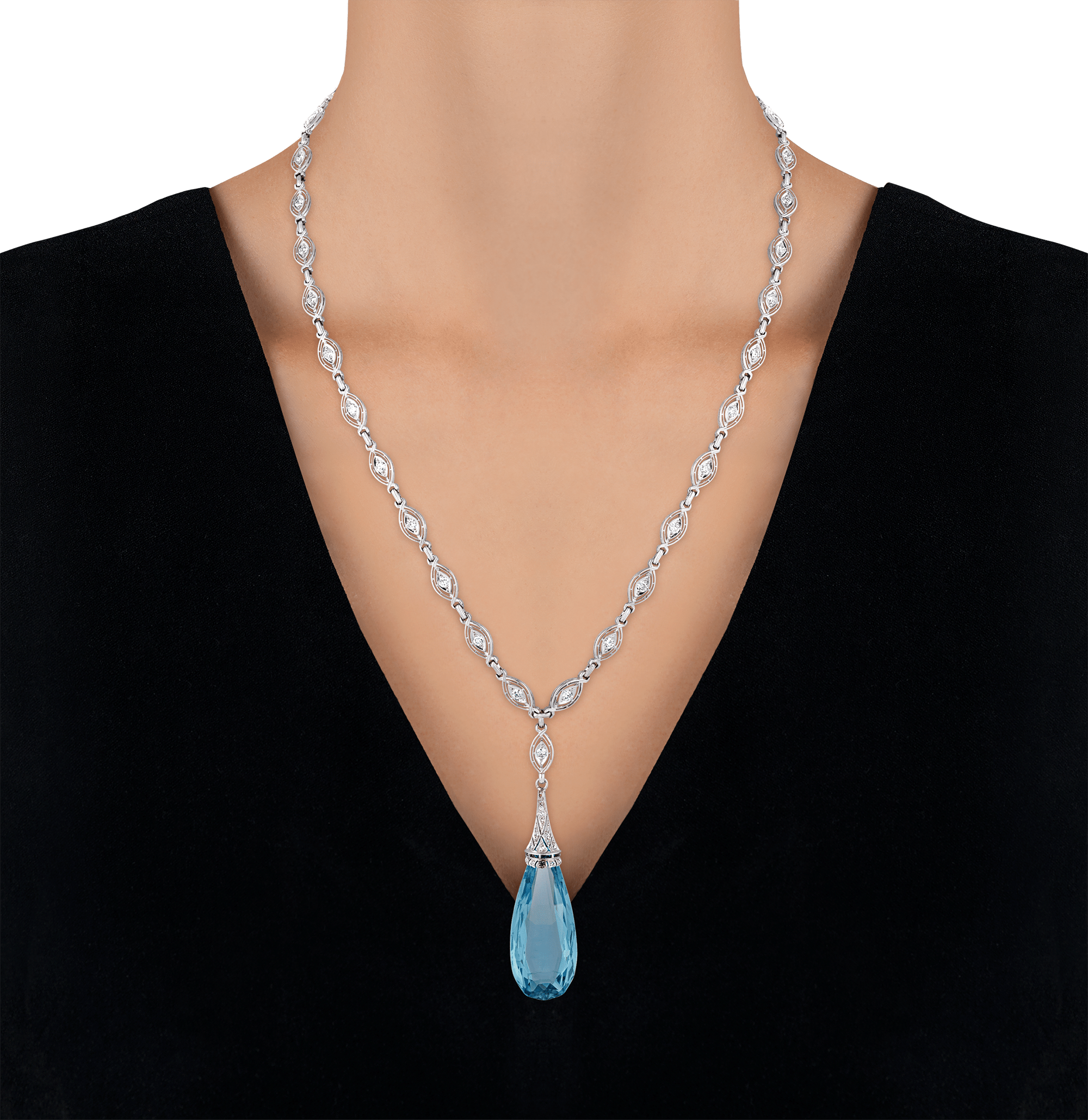 Art Deco Briolette Cut Aquamarine Pendant, 40.00 carats