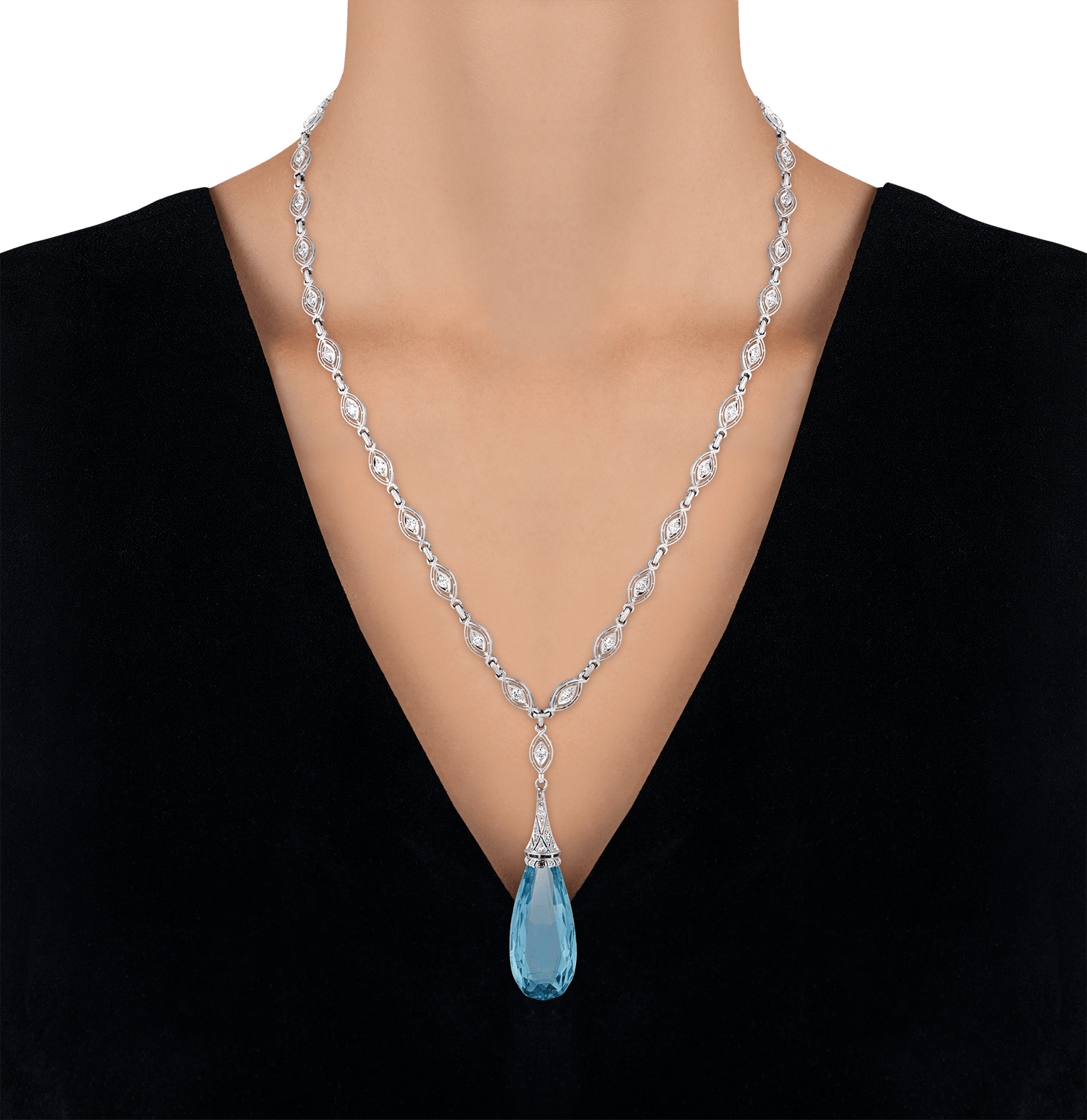 Art Deco Briolette Cut Aquamarine Pendant, 40.00 carats