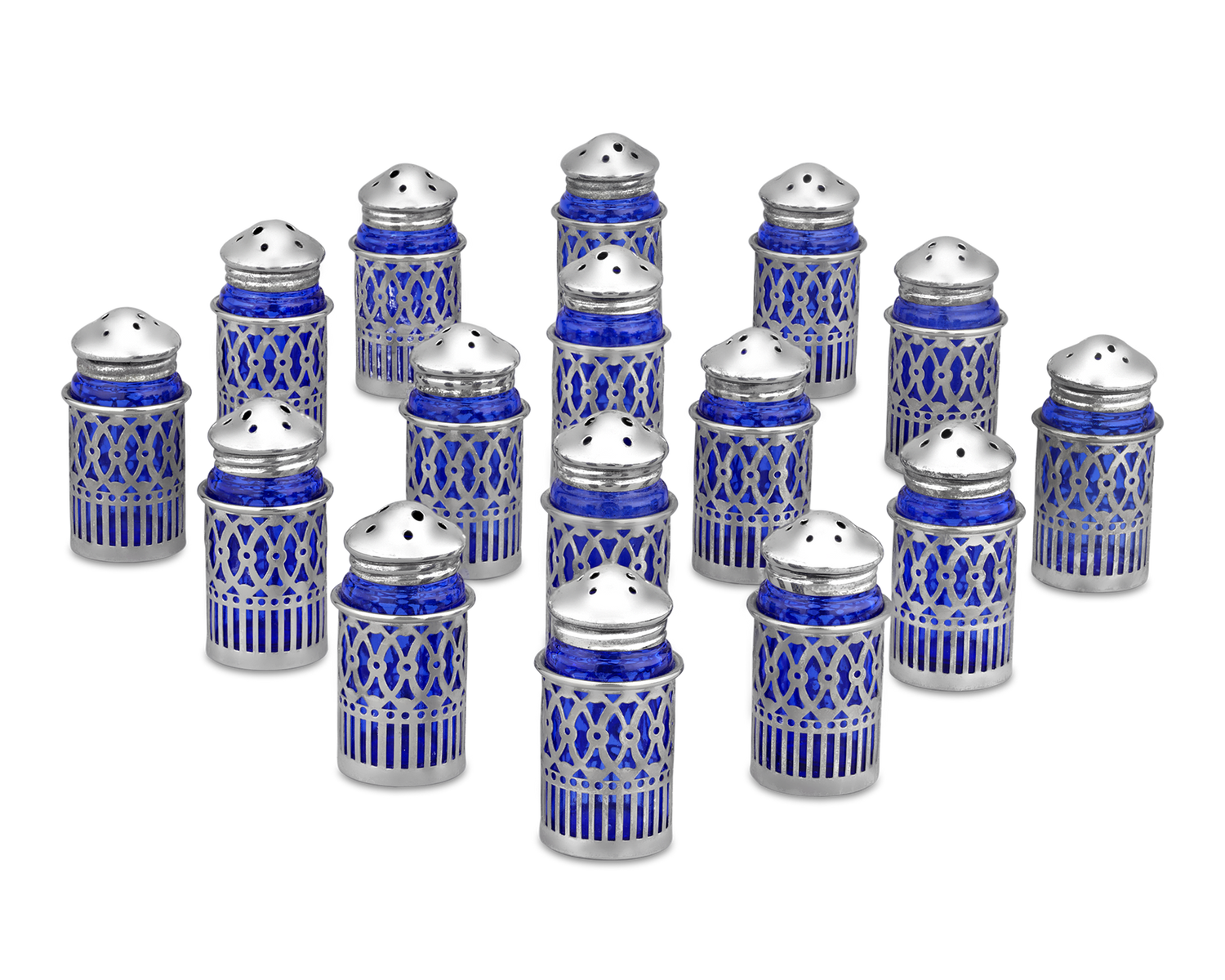 Set of 16 Silver Salt and Pepper Shakers with Cobalt Liners