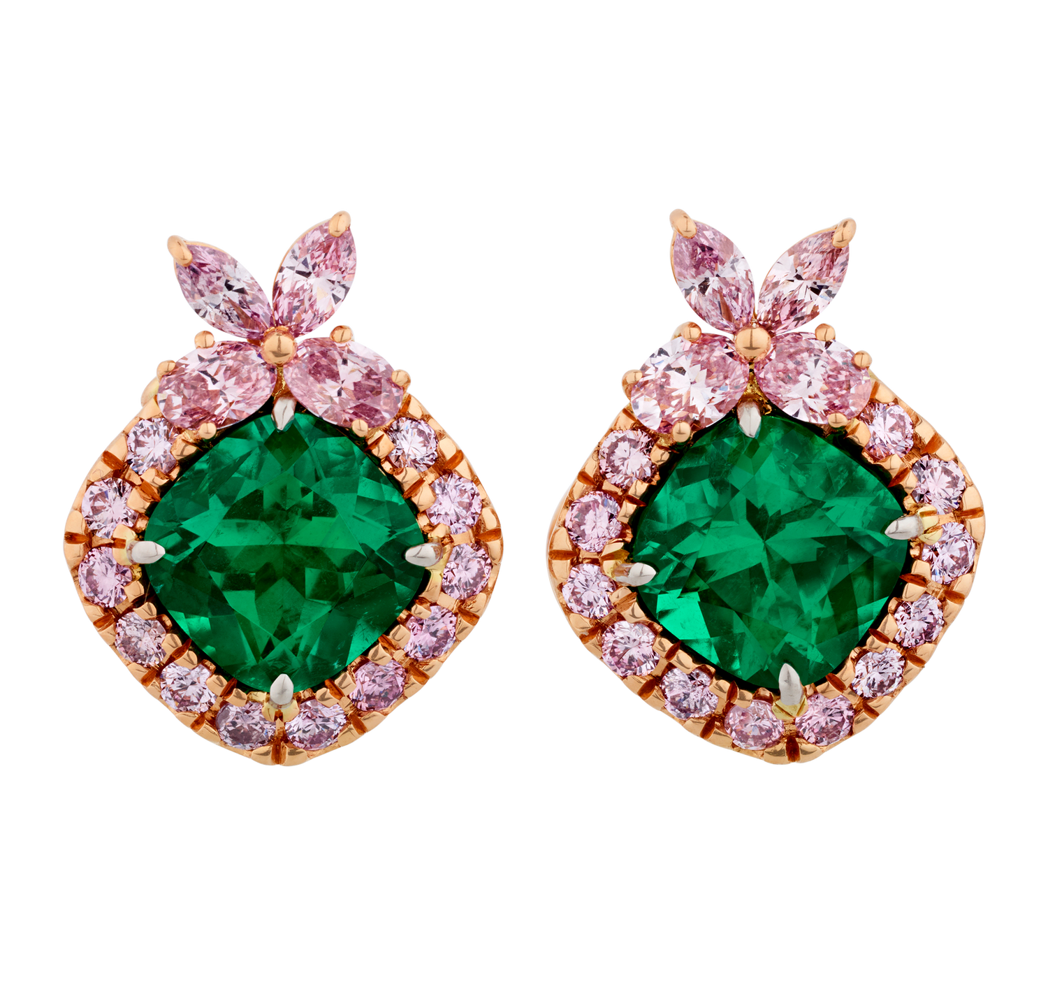 Muzo and Argyle Emerald "Azalea" Earrings, 3.30 Carats