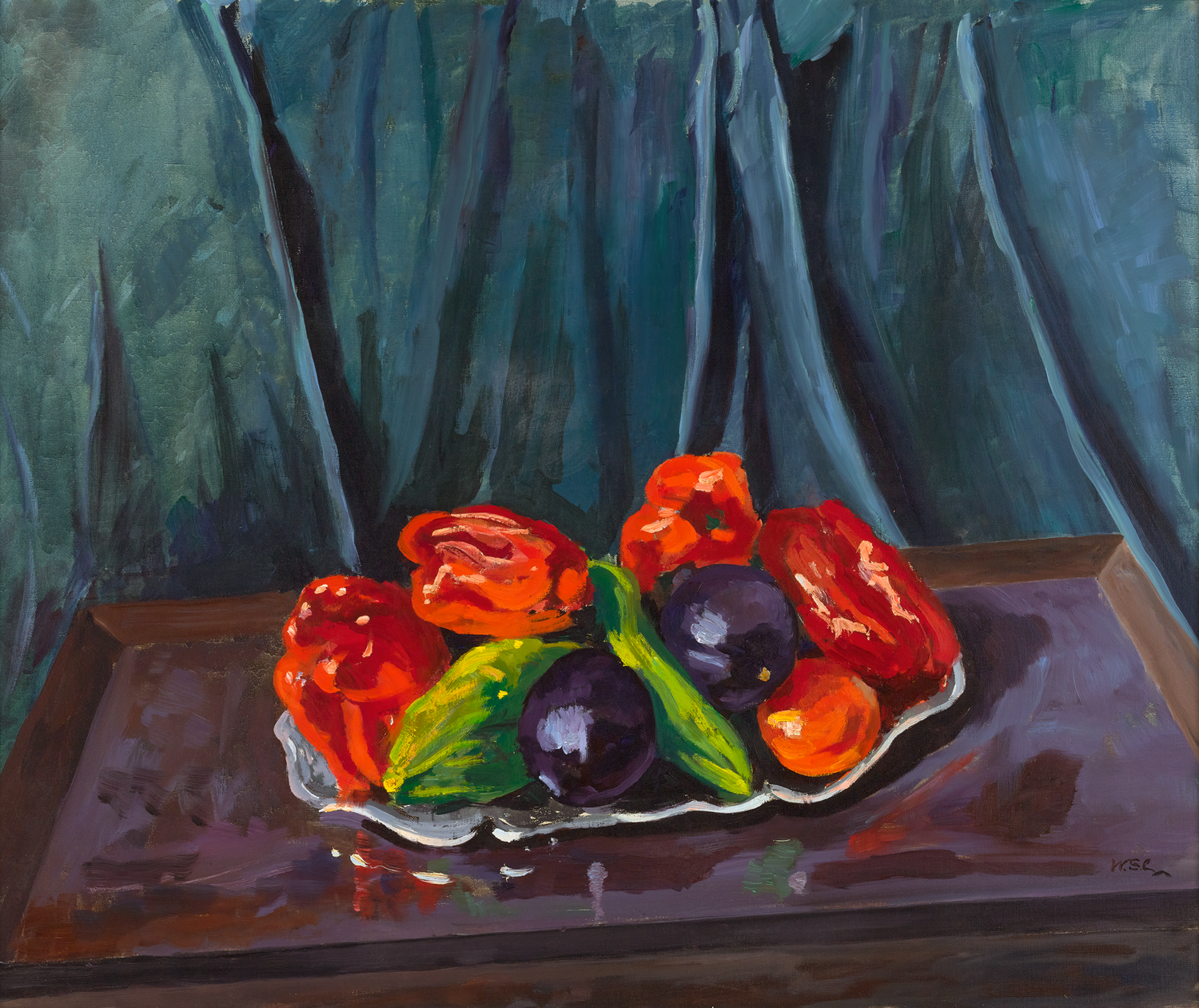 Still Life with Aubergines and Red Peppers on a Silver Tray by Winston Churchill