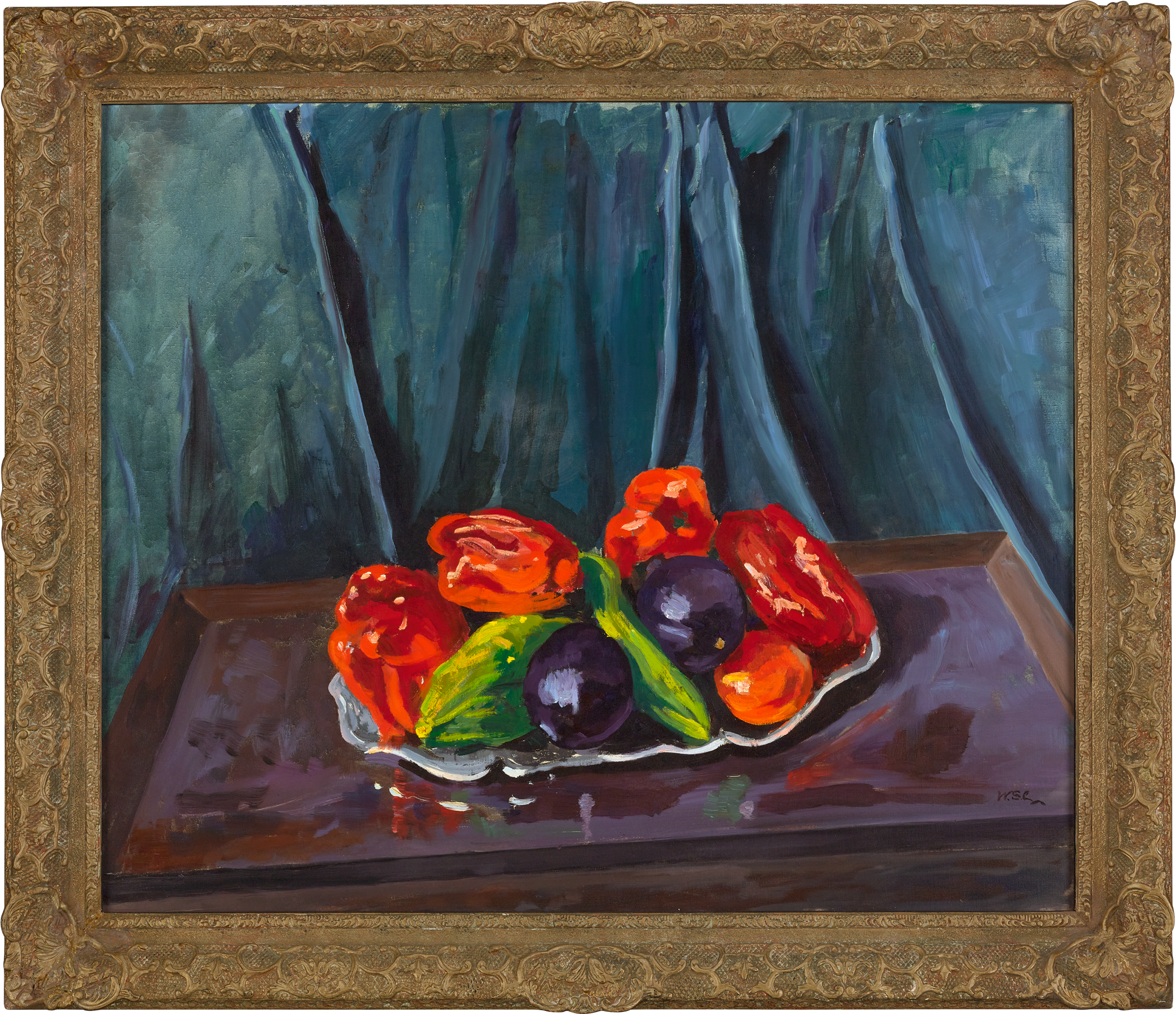 Still Life with Aubergines and Red Peppers on a Silver Tray by Winston Churchill