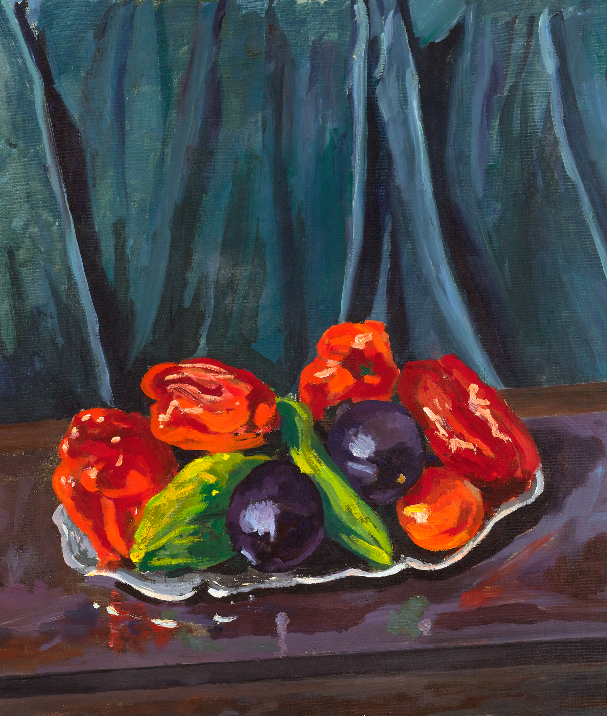 Still Life with Aubergines and Red Peppers on a Silver Tray by Winston Churchill