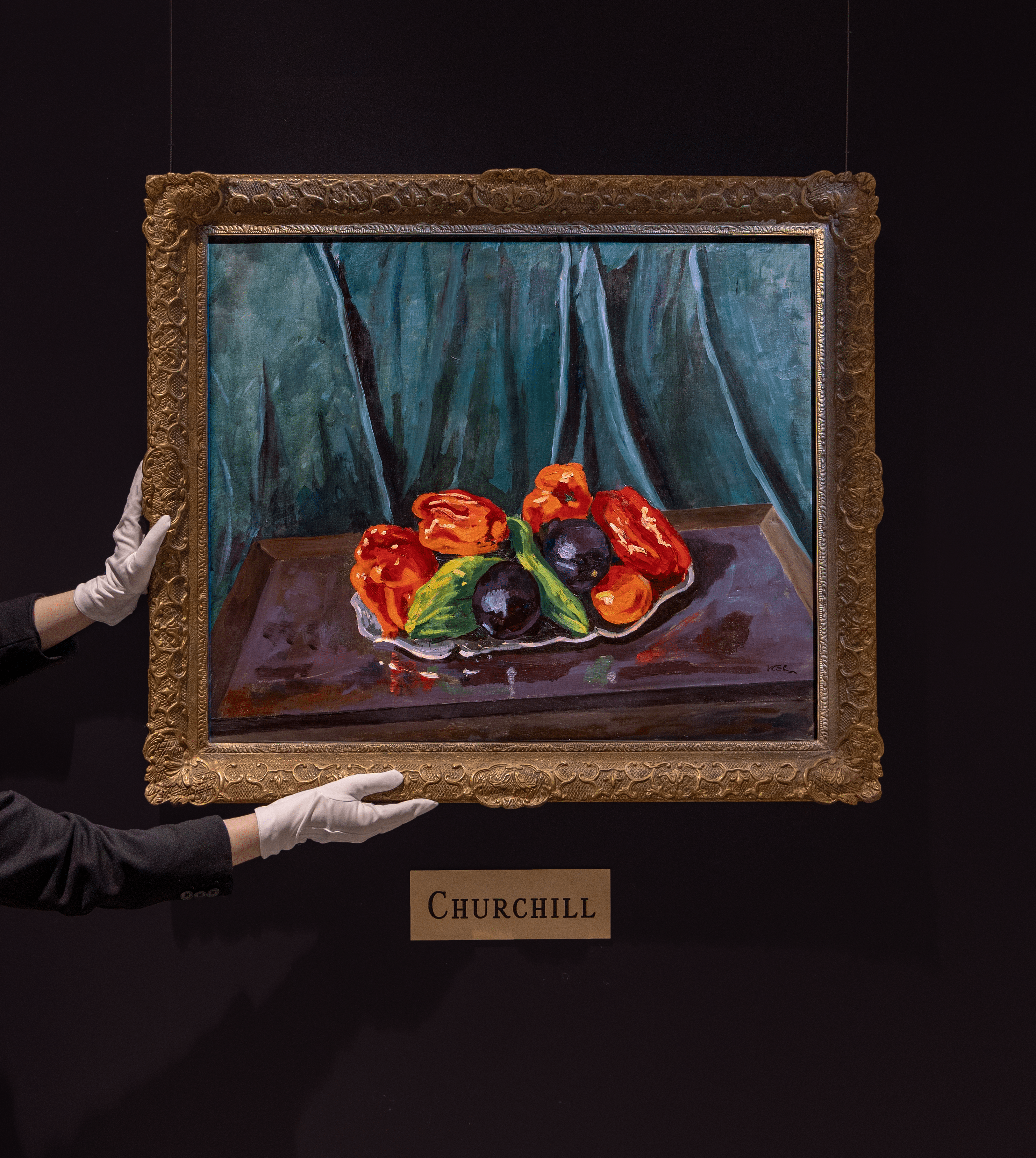 Still Life with Aubergines and Red Peppers on a Silver Tray by Winston Churchill