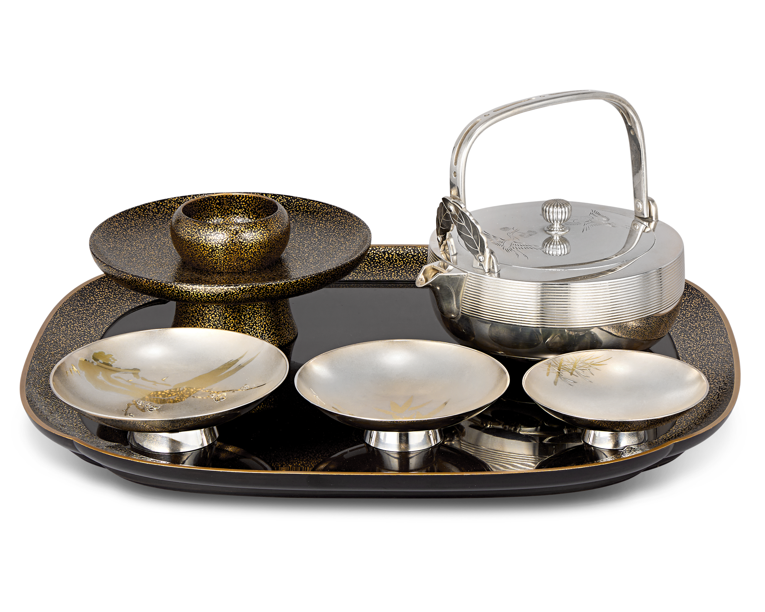 Silver and Lacquer Sake Set by Unno Shomin