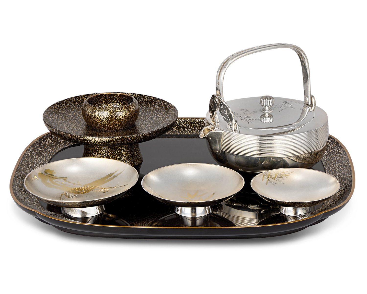 Silver and Lacquer Sake Set by Unno Shomin