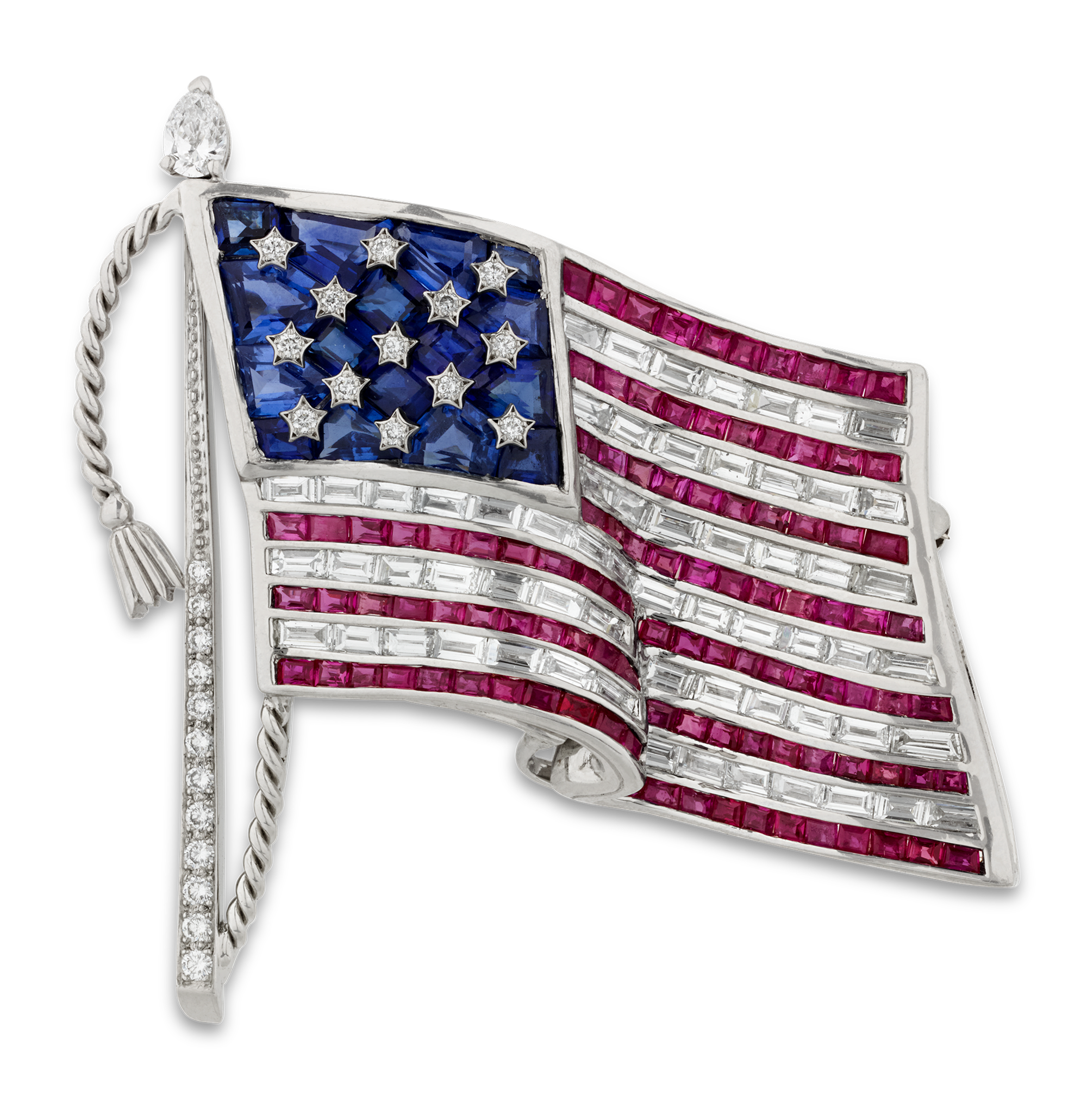 Oscar Heyman Ruby, Sapphire and Diamond American Flag Brooch