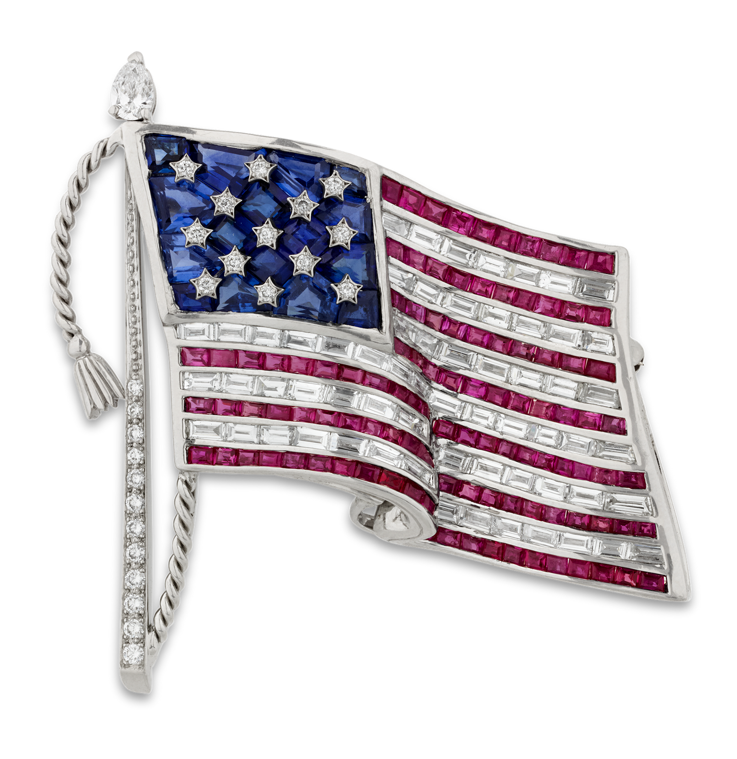 Oscar Heyman Ruby, Sapphire and Diamond American Flag Brooch