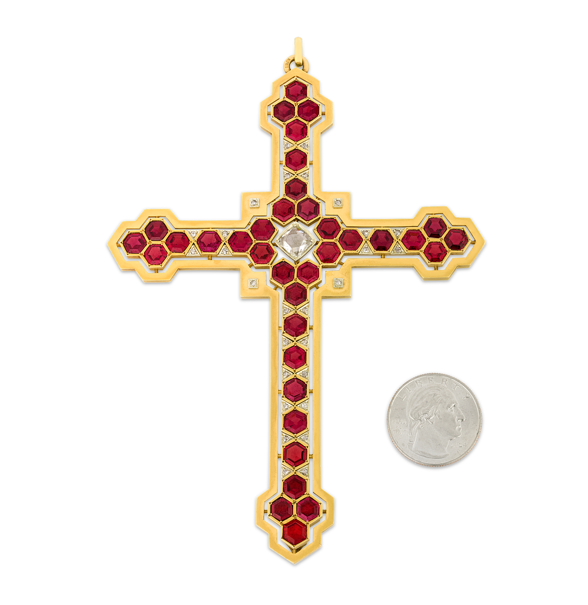 Mellerio Garnet, Diamond and Gold Cross Pendant