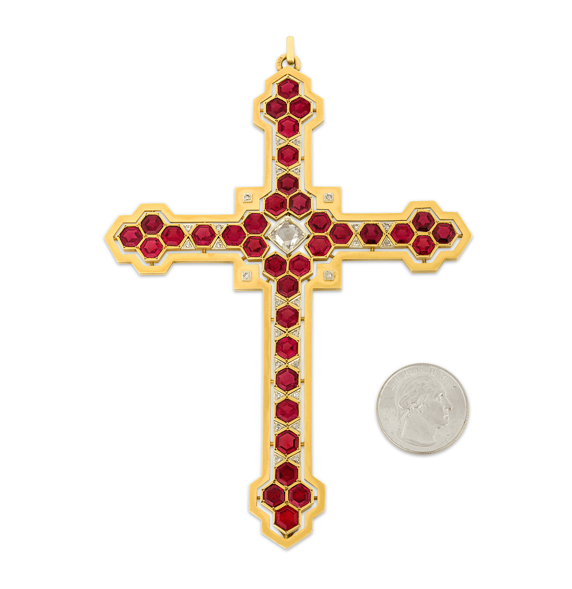 Mellerio Garnet, Diamond and Gold Cross Pendant