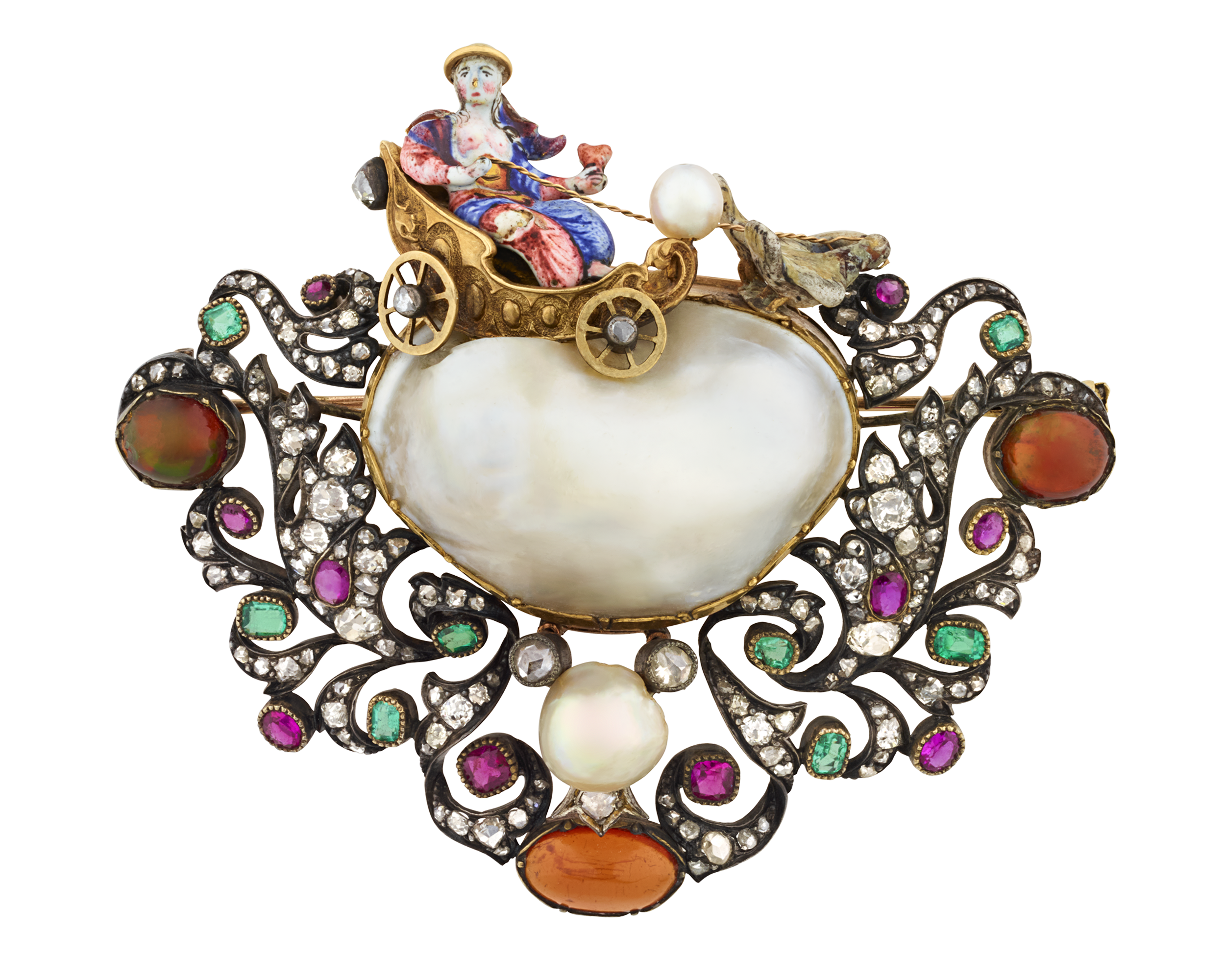 Renaissance Revival Pearl and Enamel Brooch