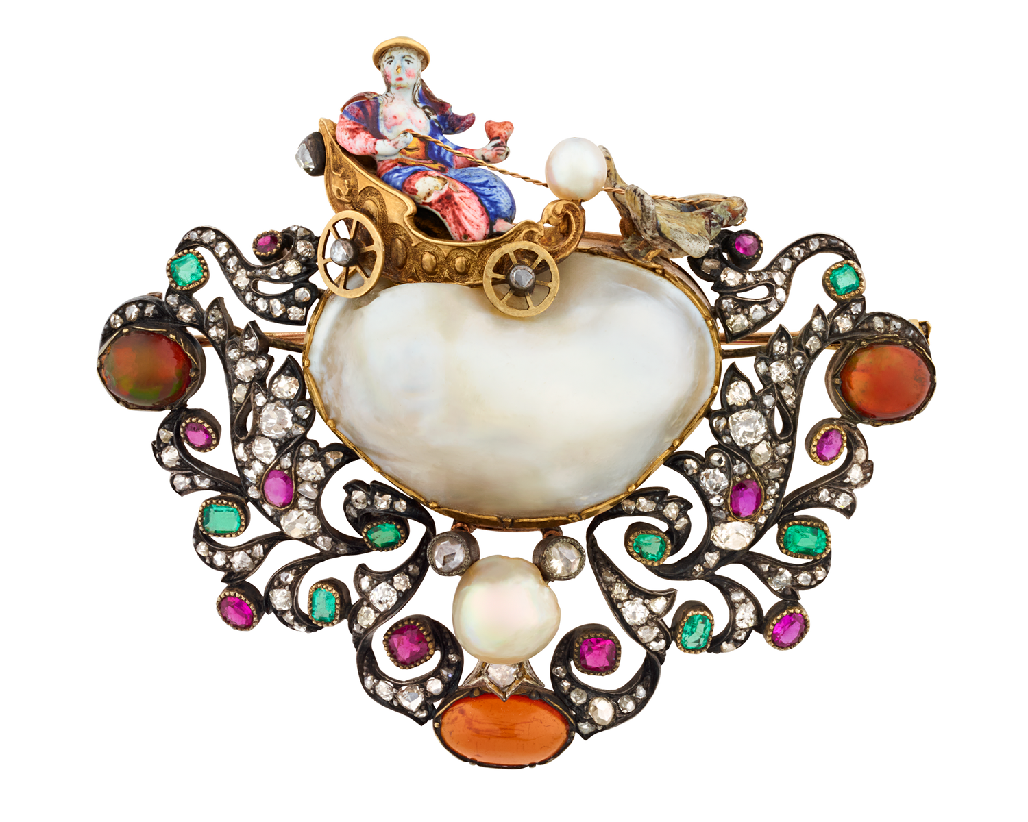 Renaissance Revival Pearl and Enamel Brooch