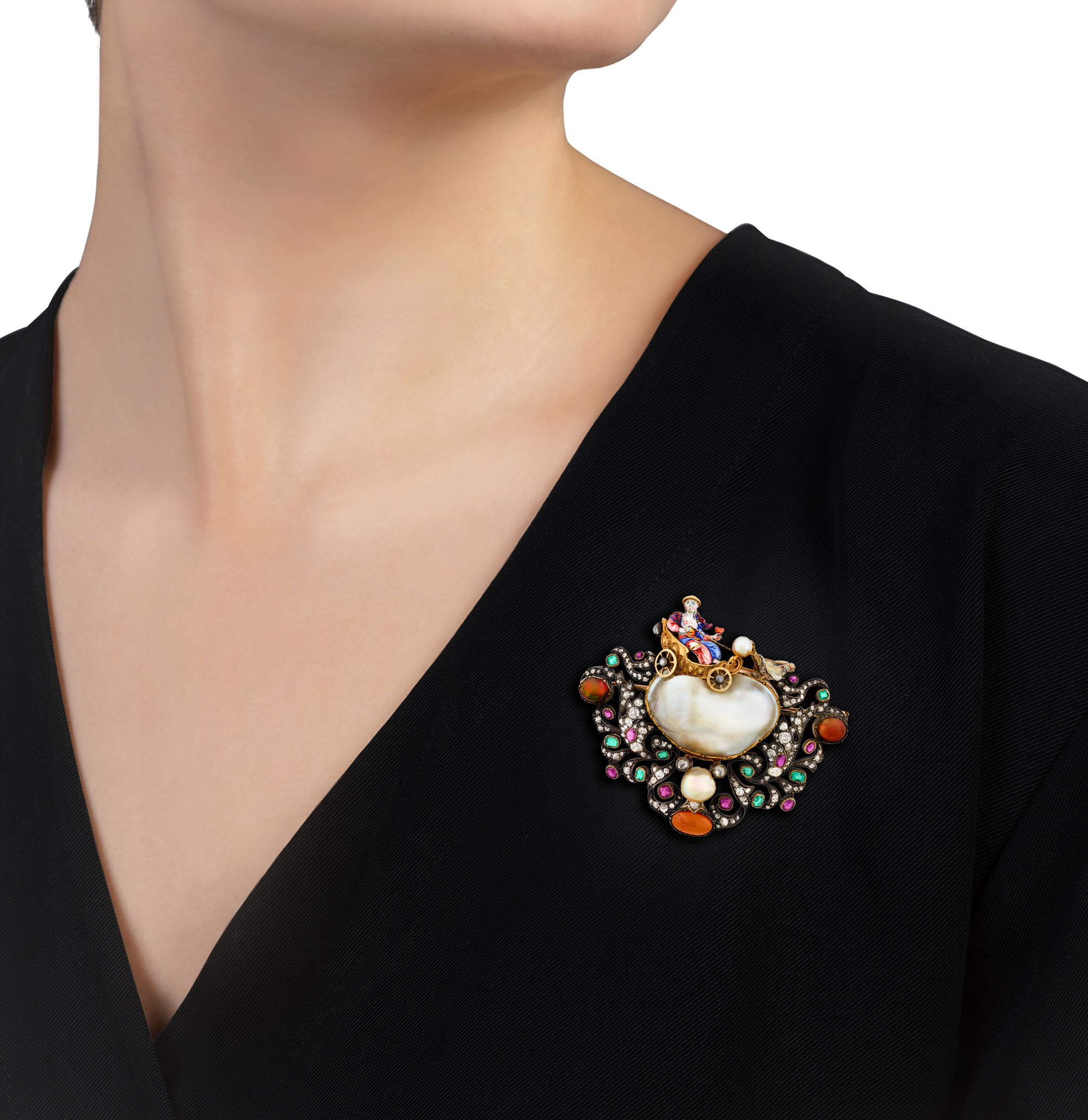 Renaissance Revival Pearl and Enamel Brooch