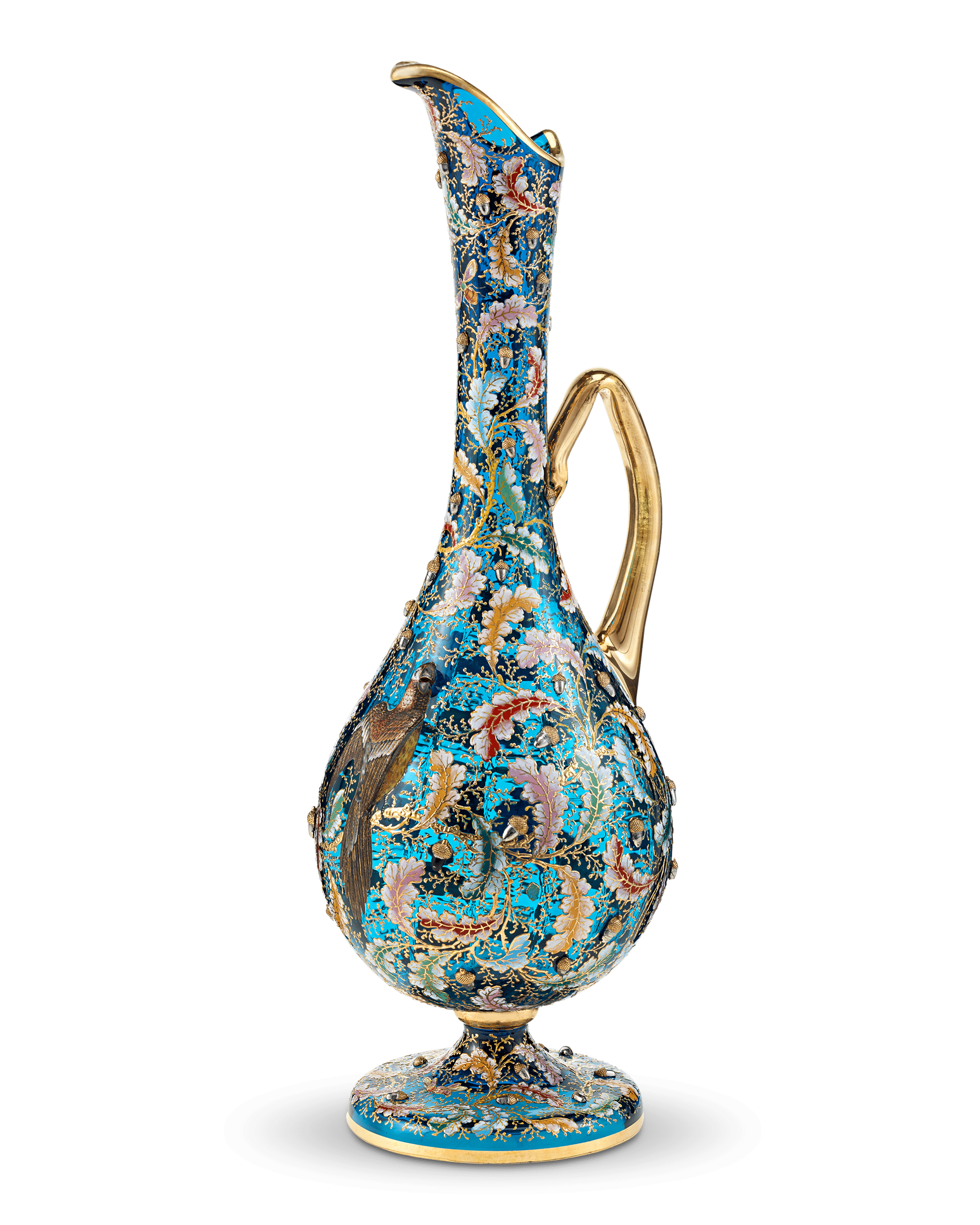 Moser Blue Glass and Enamel Parrot Ewer