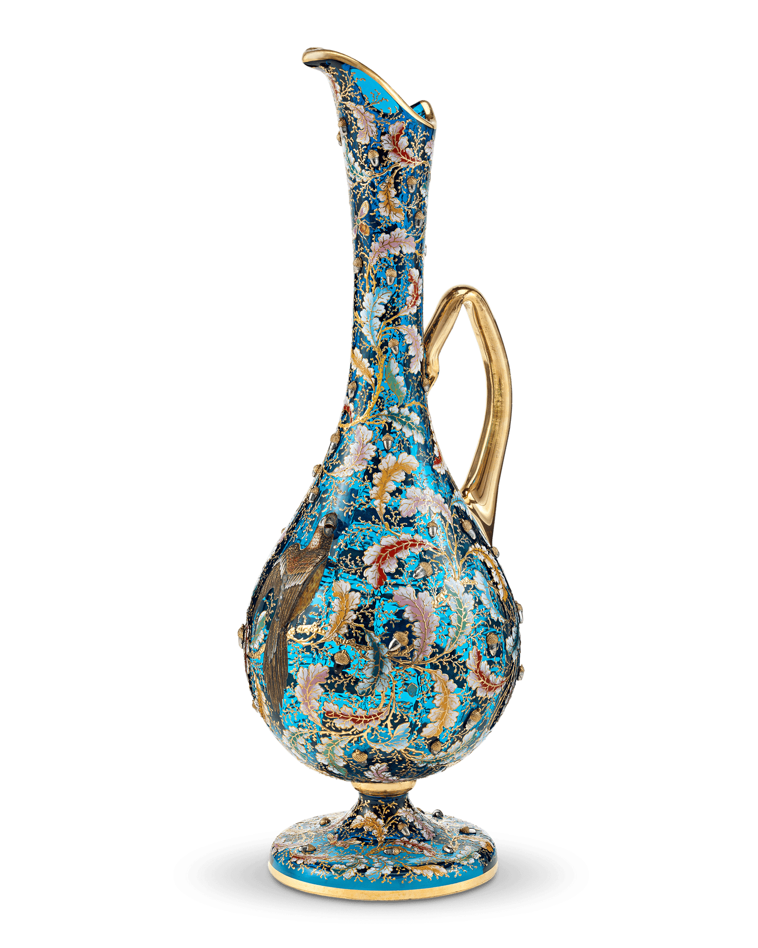 Moser Blue Glass and Enamel Parrot Ewer